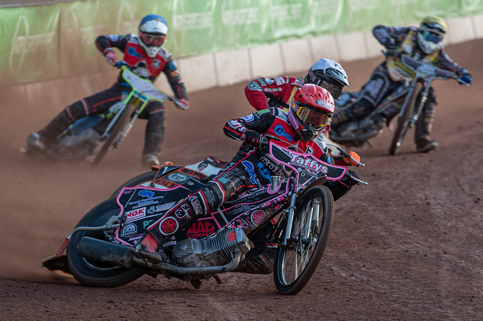 Photo: Ian Charles

Leon Flint  (Red) leads Jack Smith  (White) Ben Rathbone  (Blue) and Chad Wirtzfield  (Yellow)

Belle Vue Colts v Isle Of Wight Warriors, SGB National League KO Cup Quarter Final 1st Leg, Belle Vue National Speedway Stadium, Manchester, Monday 22  July  2019