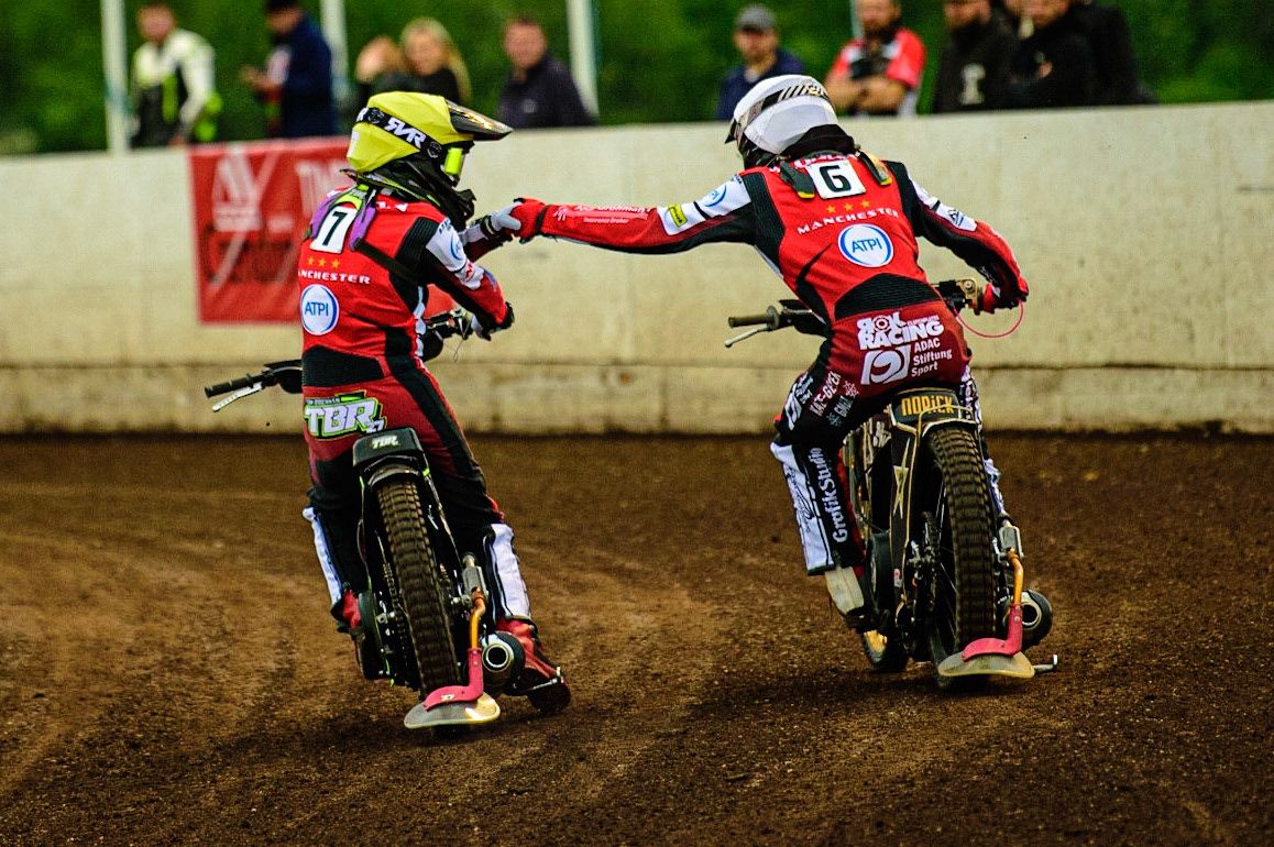 PETERBOROUGH, UK. MAY 9TH Tom Brennan  (Yellow) and Norick Blödorn  celebrate their win  during the SGB Premiership match between Peterborough Panthers and Belle Vue Aces at East of England Showground, Peterborough on Monday 9th May 2022. (Credit: Ian Charles | MI News)