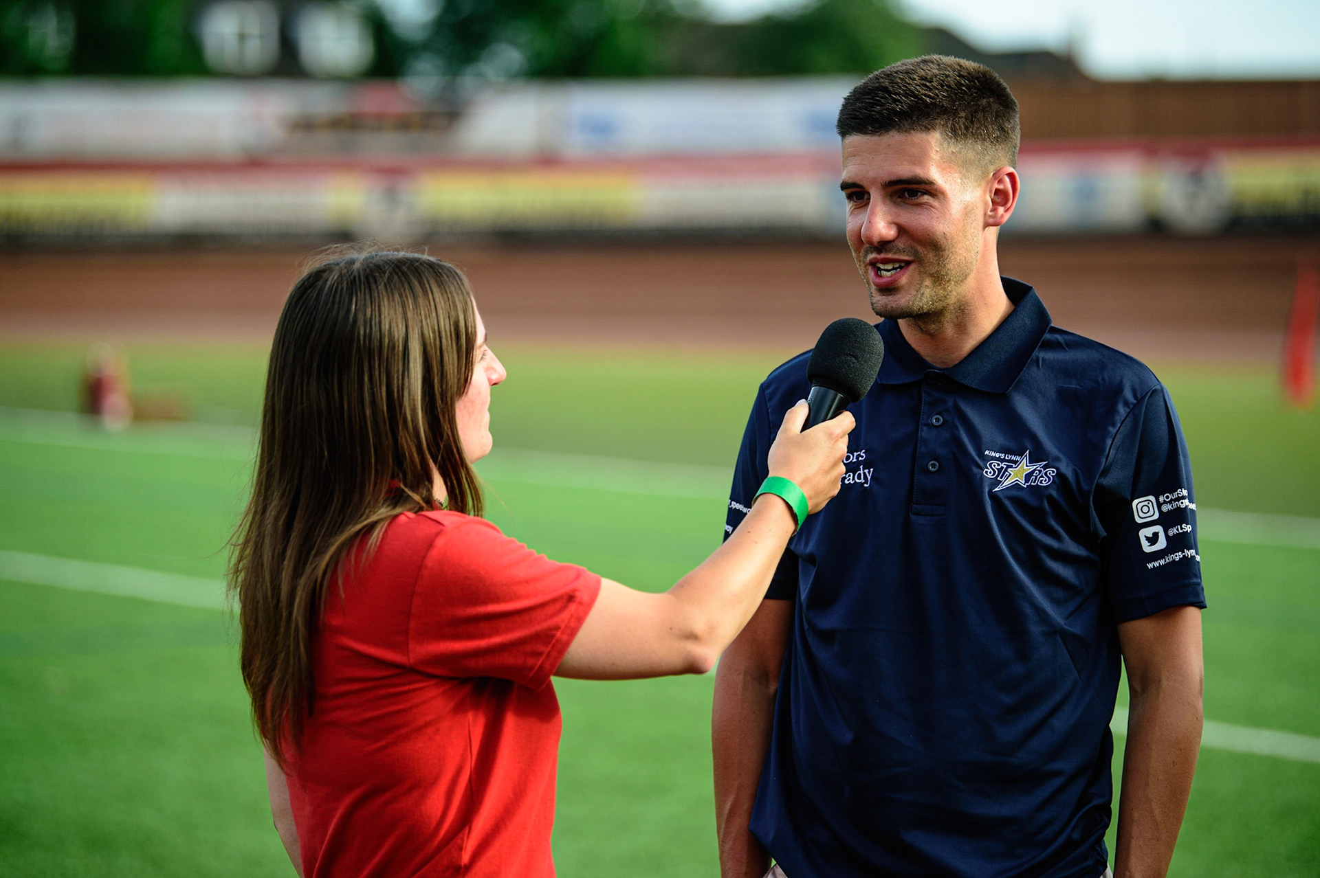 MANCHESTER UK  Meeting presenter Hayley Bromley interviews Alex Brady  Team Manager of King’s Lynn Minors &amp; Brady Stars  during the SGB Premiership match between Belle Vue Aces and King's Lynn Stars at the National Speedway Stadium, Manchester on Monday 11th July 2022. (Credit: Ian Charles | MI News)