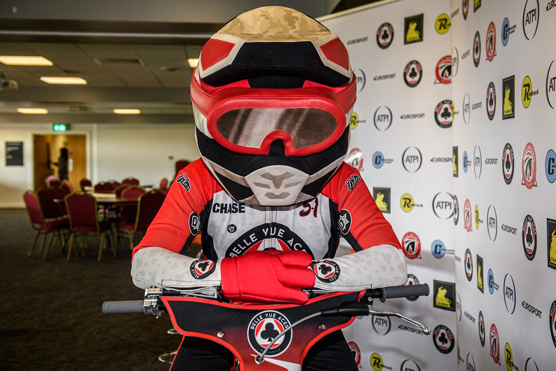 Belle Vue ATPI Aces mascot Chase The Ace during the Rowe Motor Oil Premiership match between Belle Vue Aces and Sheffield Tigers at the National Speedway Stadium, Manchester on Monday 27th May 2024. (Photo: Ian Charles | MI News)
