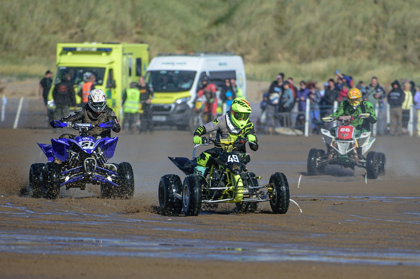 Liam Whetton (49) leads Lance Hoadley (51) and Andy Watson (86) during the Fylde ACU British Sand Racing Masters Championship on  Sunday 2nd October 2022. (Credit: Ian Charles | MI News)