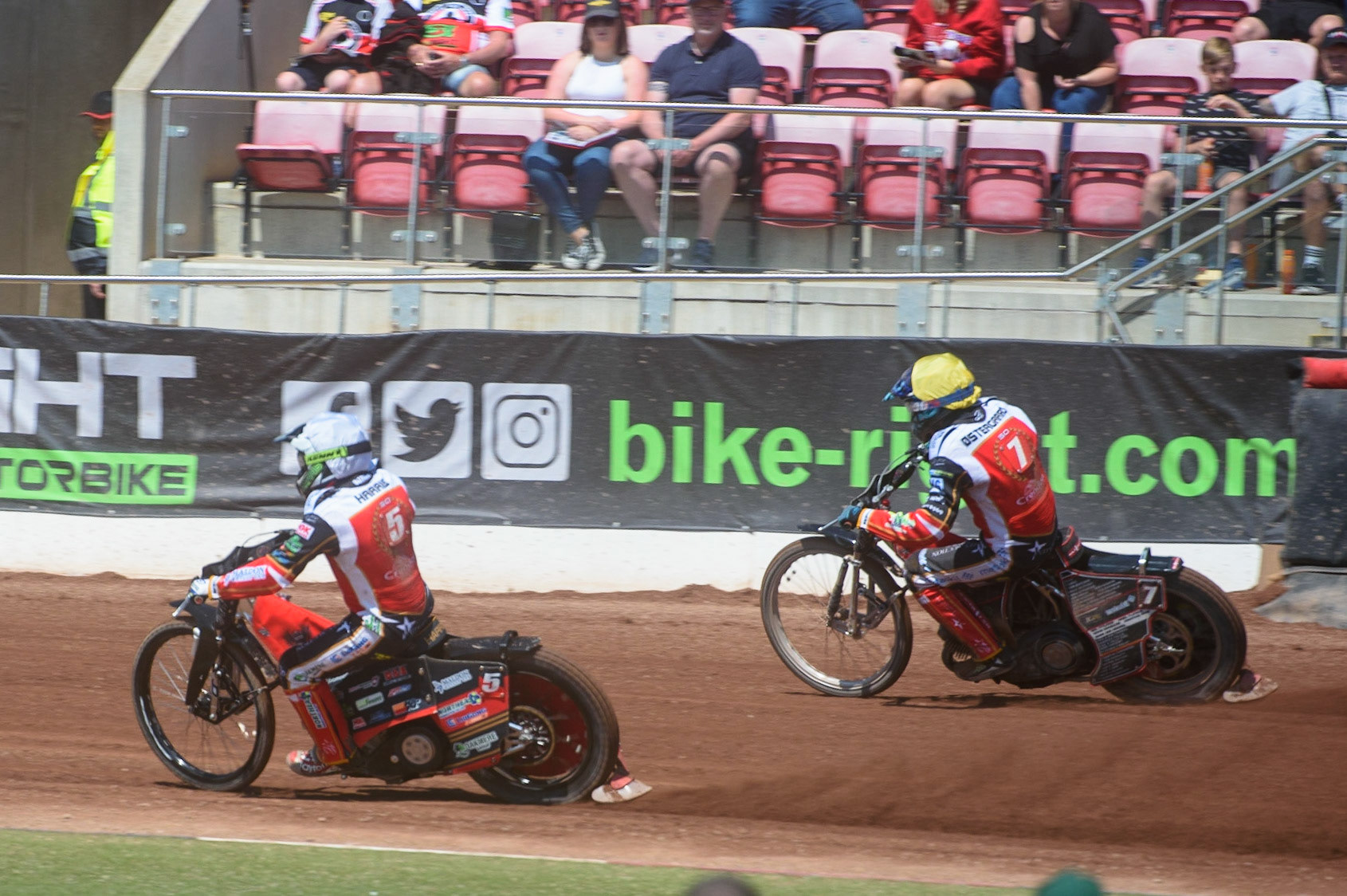 MANCHESTER, UK. MAY 31ST  Chris Harris  (White) and Ulrich Ostergaard (Yellow) on their way to a 5-1 heat win for the Peterborough Crendon Panthers  during the SGB Premiership match between Belle Vue Aces and Peterborough at the National Speedway Stadium, Manchester on Monday 31st May 2021. (Credit: Ian Charles | MI News)