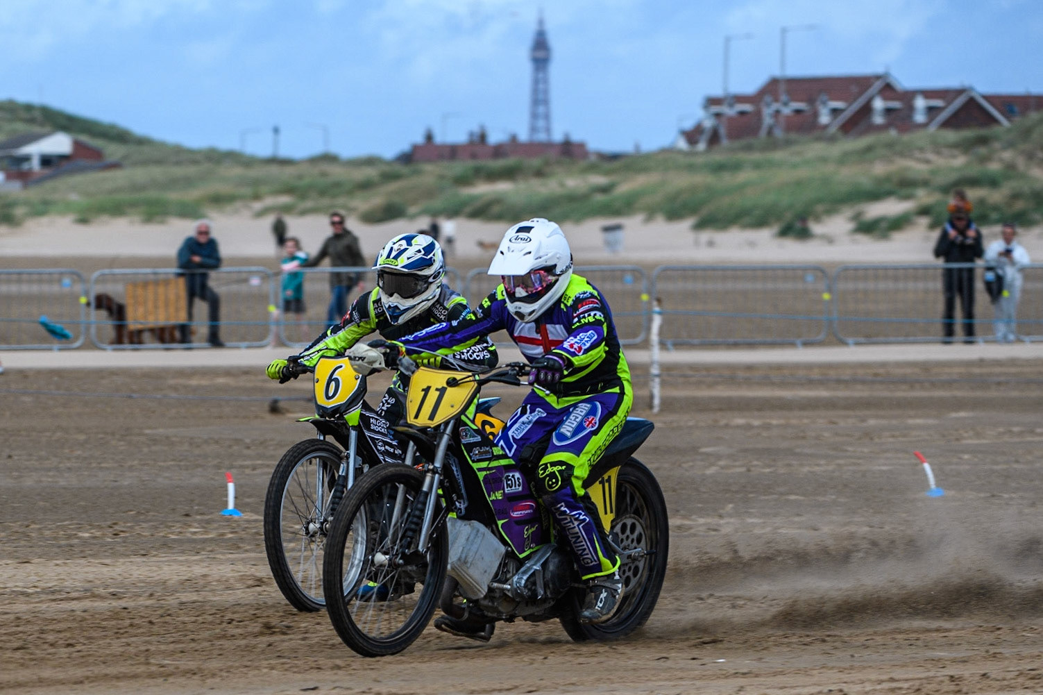 Paul Cooper (11) inside Edward Kennett (6) during the Fylde ACU British Sand Racing Masters Championship at  St Annes on Sea, Lancashire on Sunday 30th July 2023. (Photo: Ian Charles | MI News)
