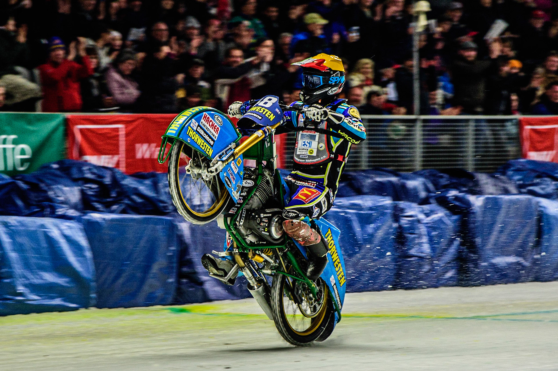 Luca Bauer (48) celebrates second place with a wheelie during the Ice Speedway Gladiators World Championship Final 1 at Max-Aicher-Arena, Inzell, Germany on Saturday 18th March 2023. (Photo: Ian Charles | MI News)