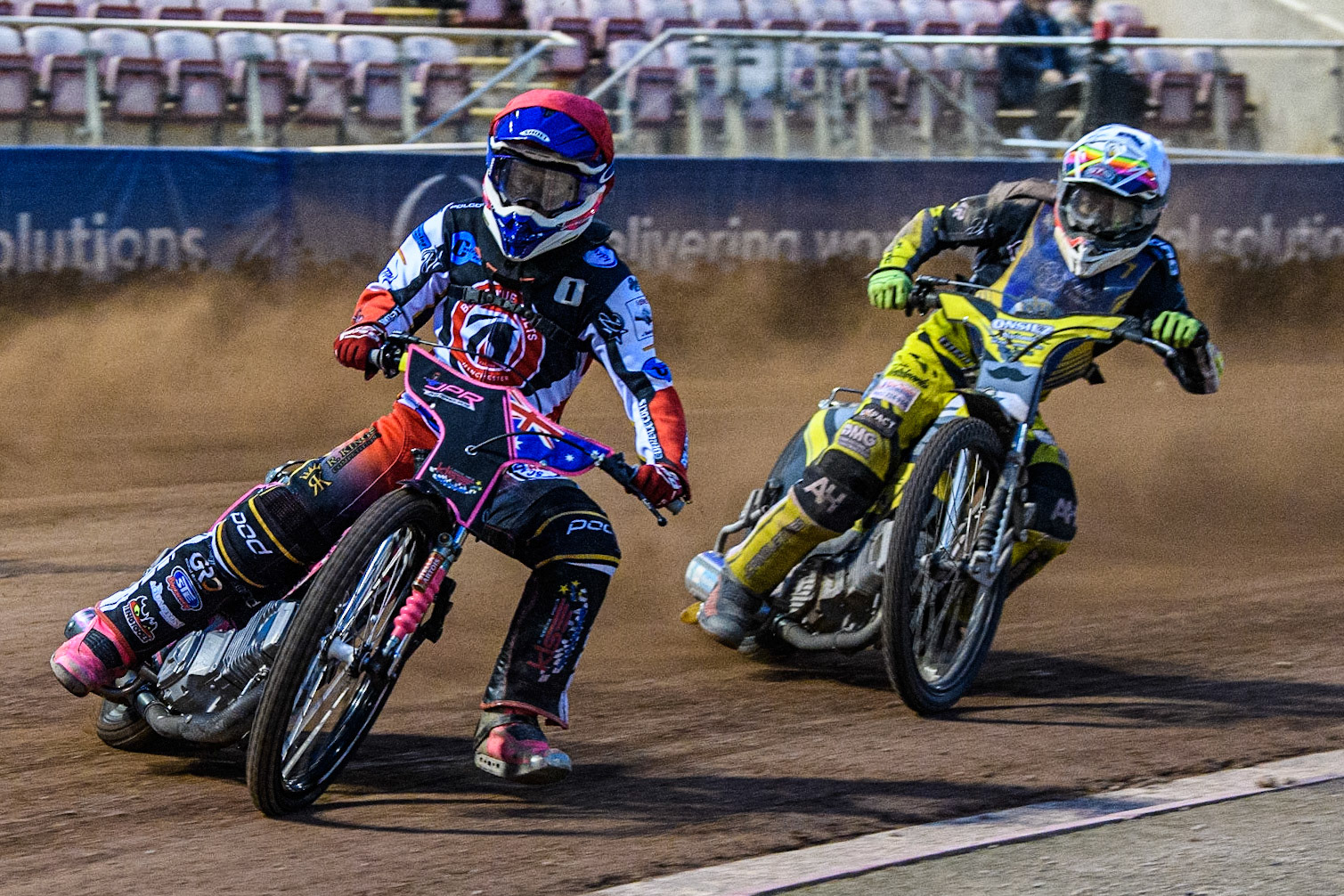 James Pearson (Red) leads Dayle Wood (White) during the National Development League match between Belle Vue Colts and Edinburgh Monarchs Academy at the National Speedway Stadium, Manchester on Friday 21st July 2023. (Photo: Ian Charles | MI News)