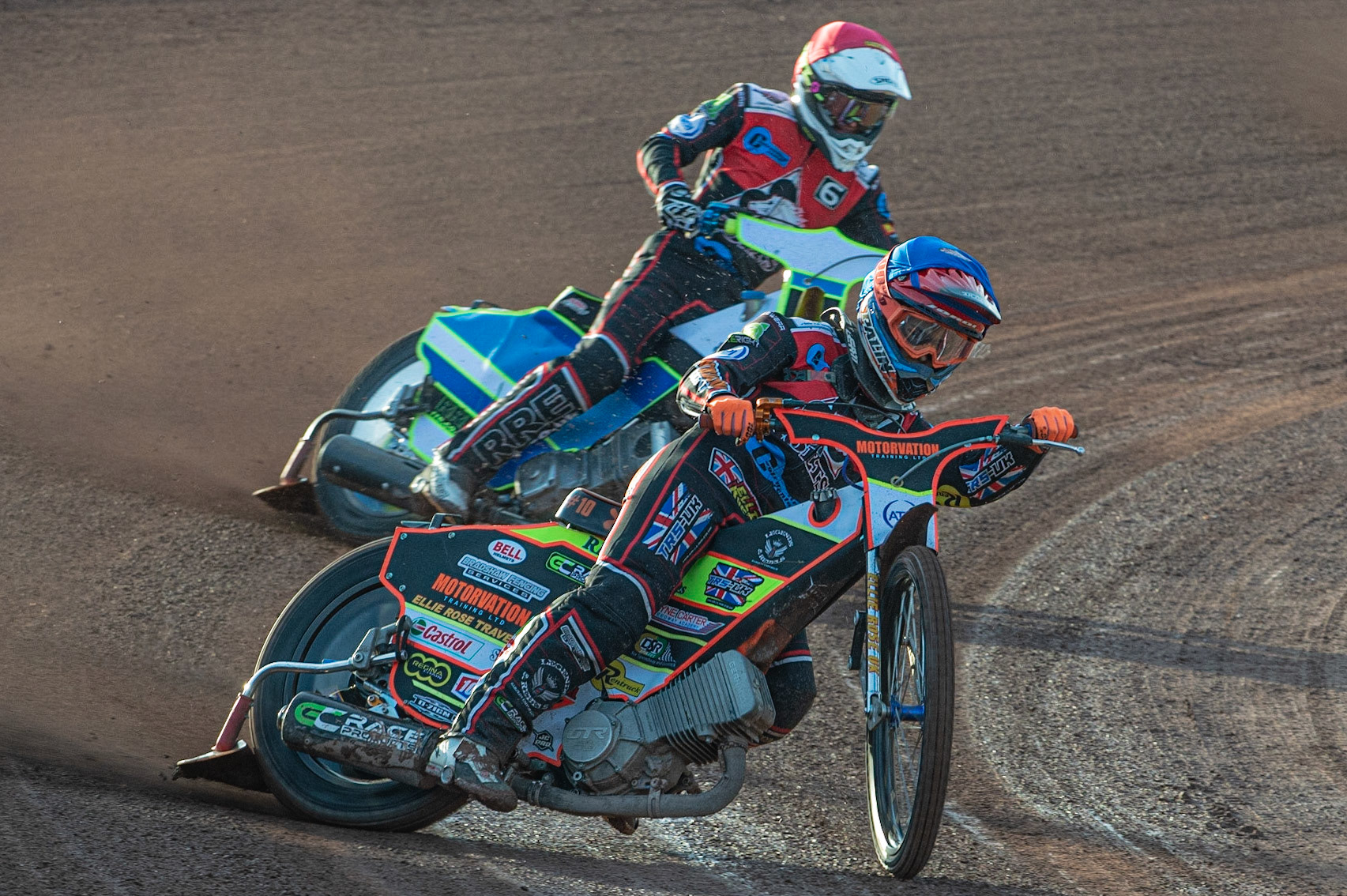 Photo: Ian Charles

Jordan Palin  (Blue) leads team mate Ben Rathbone  (Red) as they head for maximum points

Belle Vue Colts v Plymouth Gladiators National League, Belle Vue National Speedway Stadium, Manchester, Thursday 23  May  2019