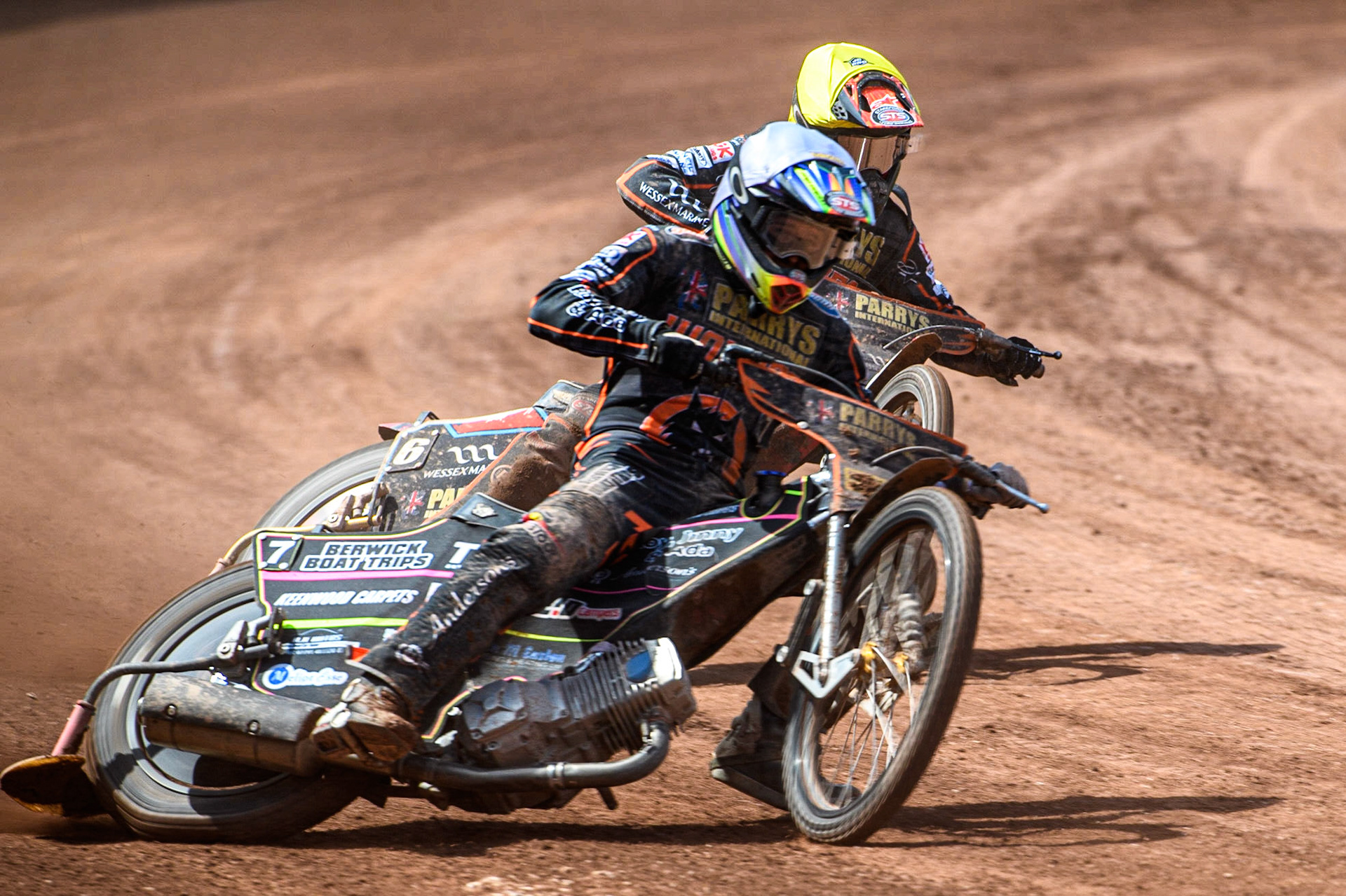 Leon Flint (Yellow) leads team mate Zach Cook (Yellow) during the Sports Insure Premiership match between Belle Vue Aces and Wolverhampton Wolves at the National Speedway Stadium, Manchester on Monday 29th May 2023. (Photo: Ian Charles | MI News)