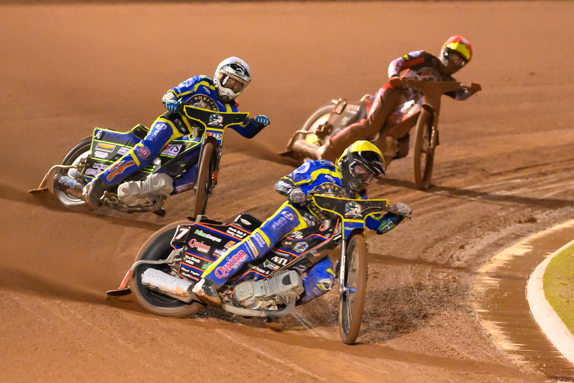 Luke Killeen of Sheffield Tigers in Yellow leading Jye Etheridge of Sheffield Tigers in White  and Tate Zischke of Belle Vue Aces in Red during the Rowe Motor Oil Premiership Grand Final 2nd Leg between Belle Vue Aces and Sheffield Tigers at the National Speedway Stadium, Manchester on Friday 16th October 2026. (Photo: Ian Charles | MI News)