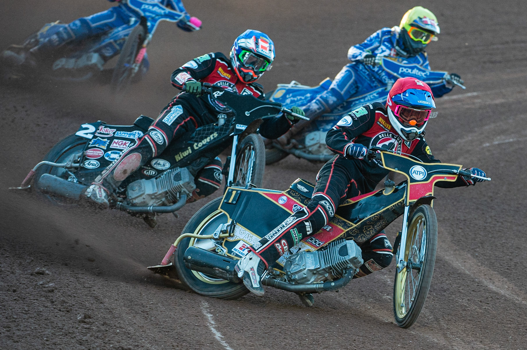 Photo: Ian Charles

​Max Fricke   (Red) leads ​Ricky Wells​​  (Blue) and Michael Palm Toft  (Yellow)

Belle Vue Aces v Kings Lynn Stars, British Speedway Premiership, Belle Vue National Speedway Stadium, Manchester, Thursday 16  May  2019