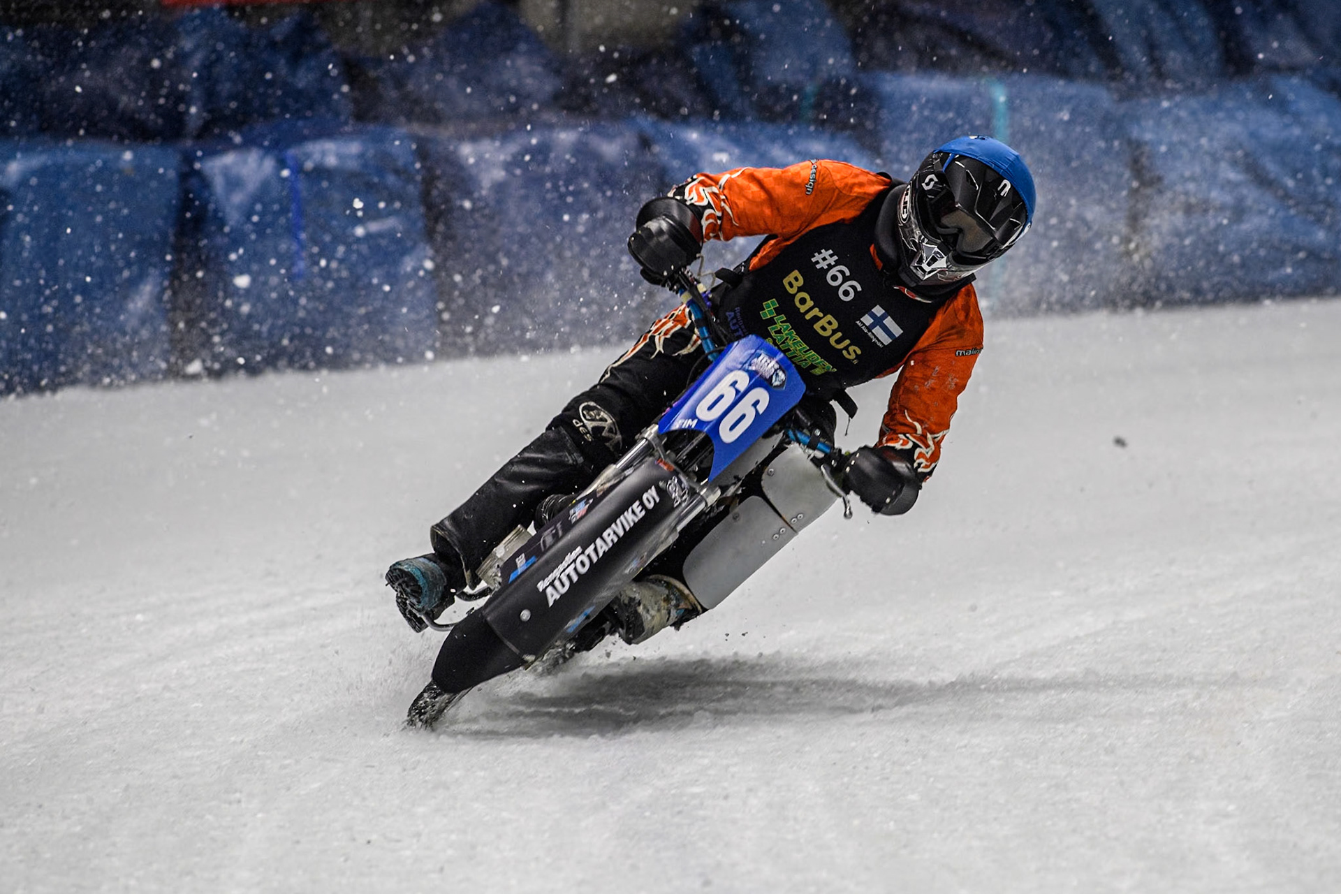 Finland's Aki Ala-Riihimäki (66) (Blue) gets into difficulty as he challenges Germany's Johann Weber (33) (Red) during the FIM Ice Speedway Gladiators World Championship Final 1 at the Max-Aicher-Arena, Inzell on Saturday 23 March 2024. (Photo: Ian Charles | MI News)