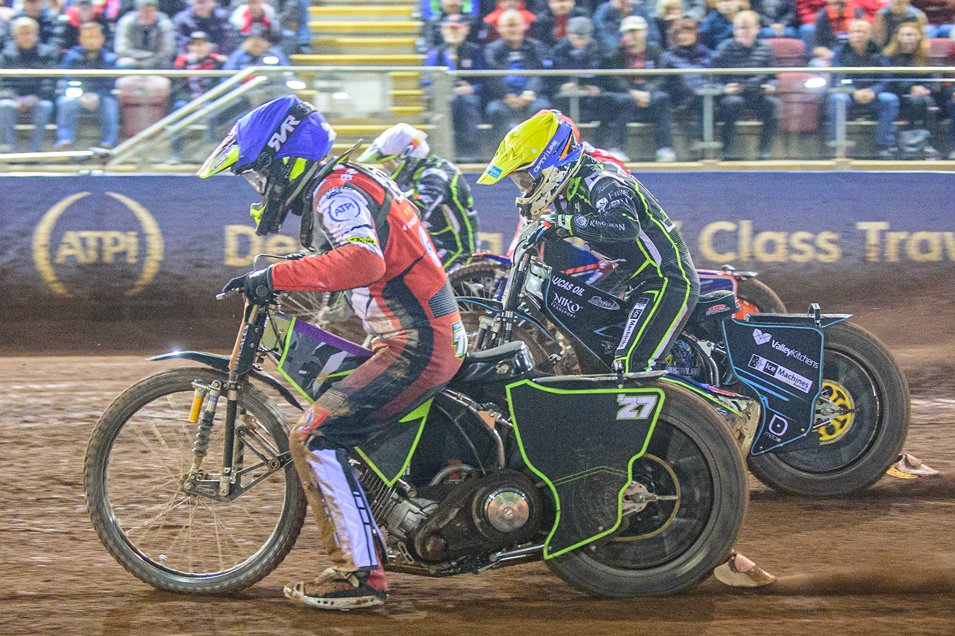 Tom Brennan  (Blue) leaves the start ahead of Rohan Tungate  (Yellow)during the SGB Premiership Semi Final 2nd Leg between Belle Vue Aces and Ipswich Witches at the National Speedway Stadium, Manchester on Monday 3rd October 2022. (Credit: Ian Charles | MI News)