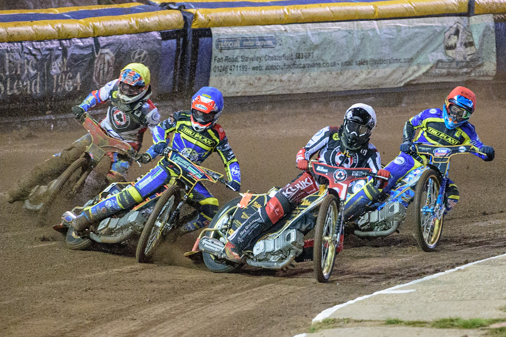 Norick Blödorn  (White) leads Connor Mountain  (Blue), Justin Sedgmen  (Red) and Simon Lambert (Yellow) during the SGB Premiership Grand Final 2nd Leg between Sheffield Tigers and Belle Vue Aces at Owlerton Stadium, Sheffield on Thursday 13th October 2022. (Credit: Ian Charles | MI News)