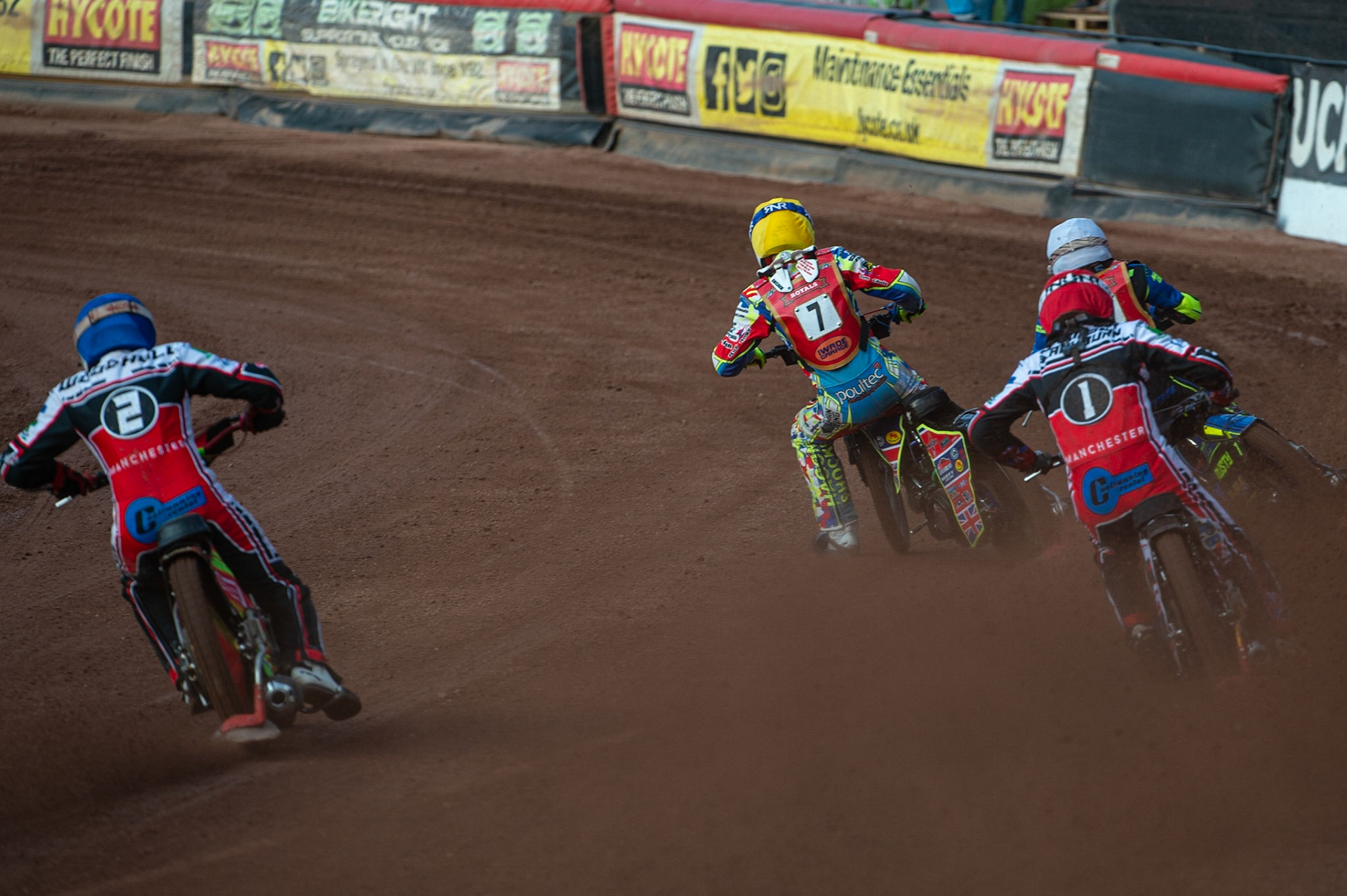 MANCHESTER, UK. JULY 2ND  Jake Mulford  (Yellow) and Ryan Kinsley  (White) lead Jack Parkinson-Blackburn  (Red) and Ben Woodhull   (Blue)during the National Development League match between Belle Vue Colts and Kent Royals at the National Speedway Stadium, Manchester on Friday 2nd July 2021. (Credit: Ian Charles | MI News)