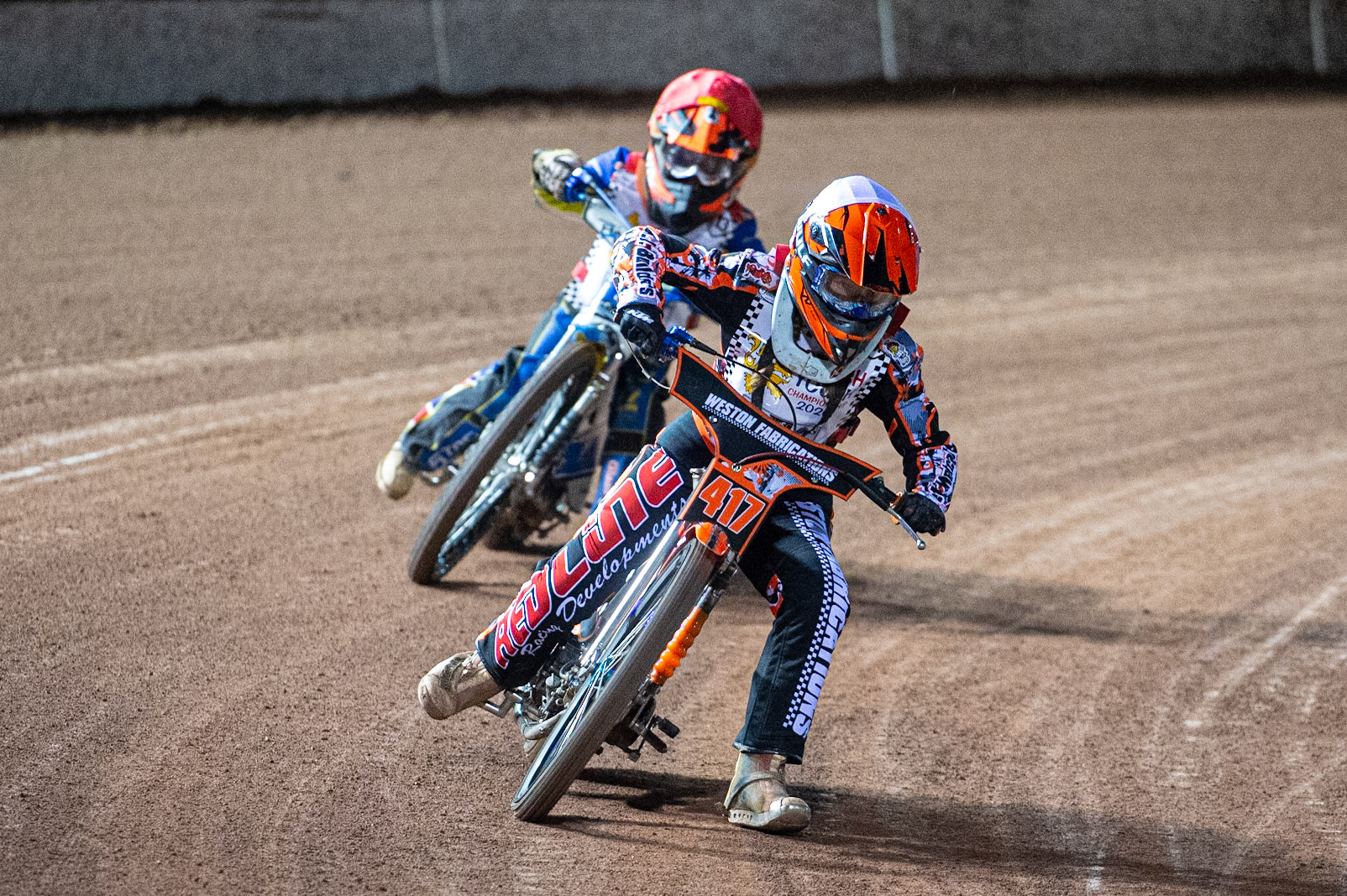 Photo: Ian CharlesBecky Weston (White) leads Harry Fletcher (Red) (125cc B Class)British Youth Speedway Championship (Round 5), National Speedway Stadium, Manchester Saturday  10  October  2020