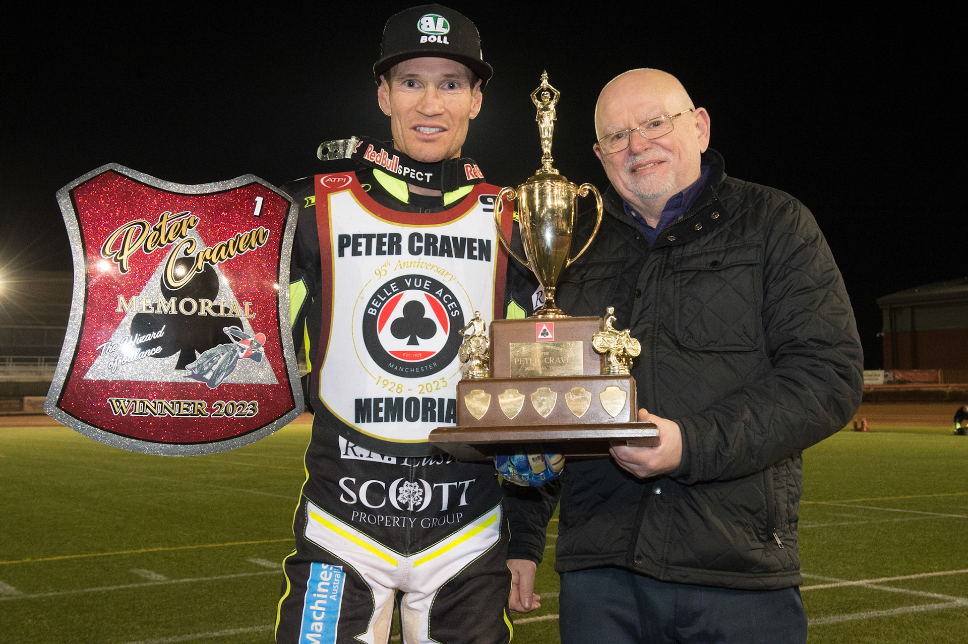 Jason Doyle  (left) with Rob Craven who presented the trophy during the Peter Craven Memorial Trophy  at the National Speedway Stadium, Manchester on Monday 3rd April 2023. (Photo: Ian Charles | MI News)
