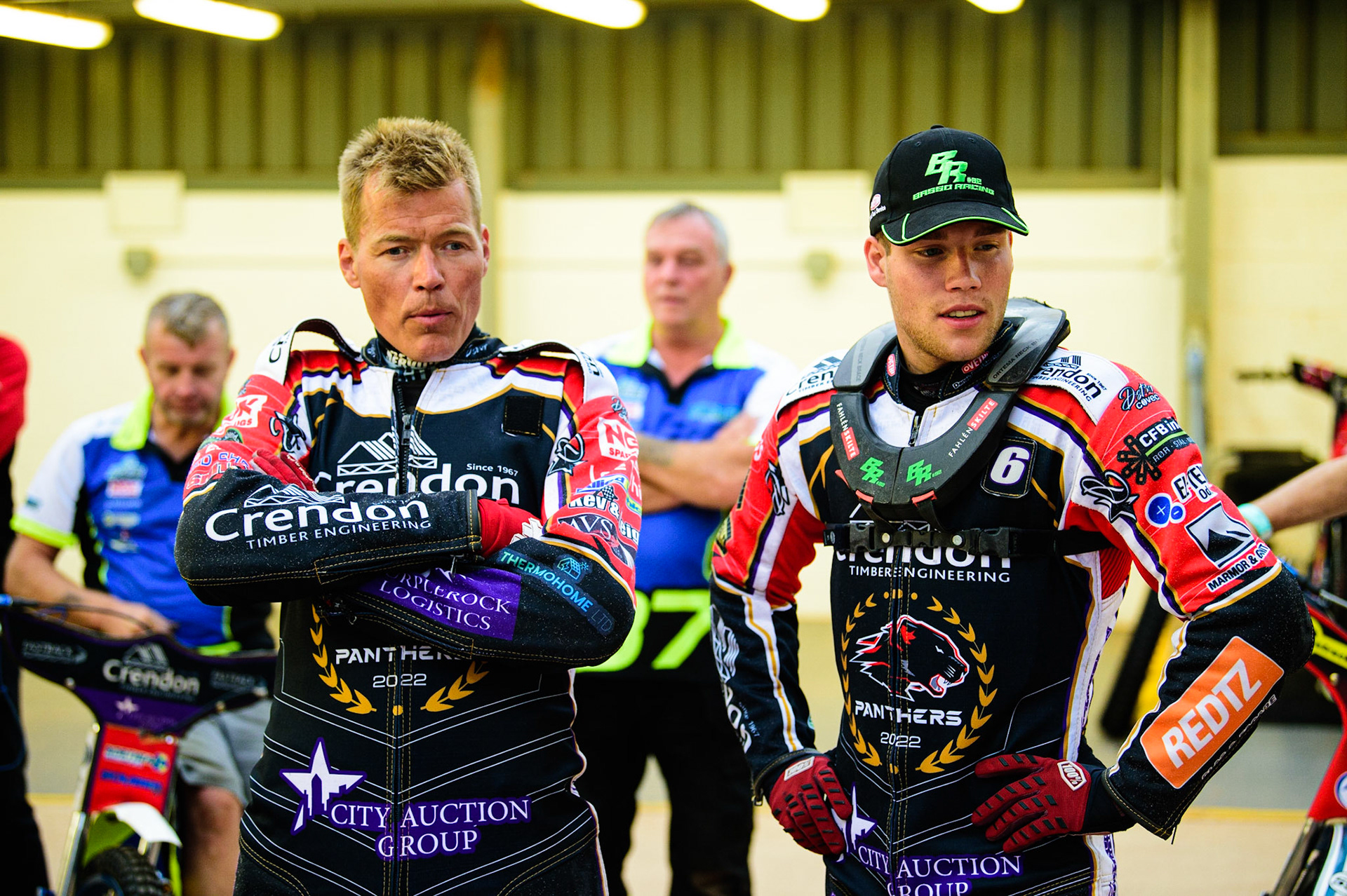 Ulrich Oostergaard  (left) with team mate Benjamin Basso during the SGB Premiership match between Belle Vue Aces and Peterborough at the National Speedway Stadium, Manchester on Monday 25th July 2022. (Credit: Ian Charles | MI News