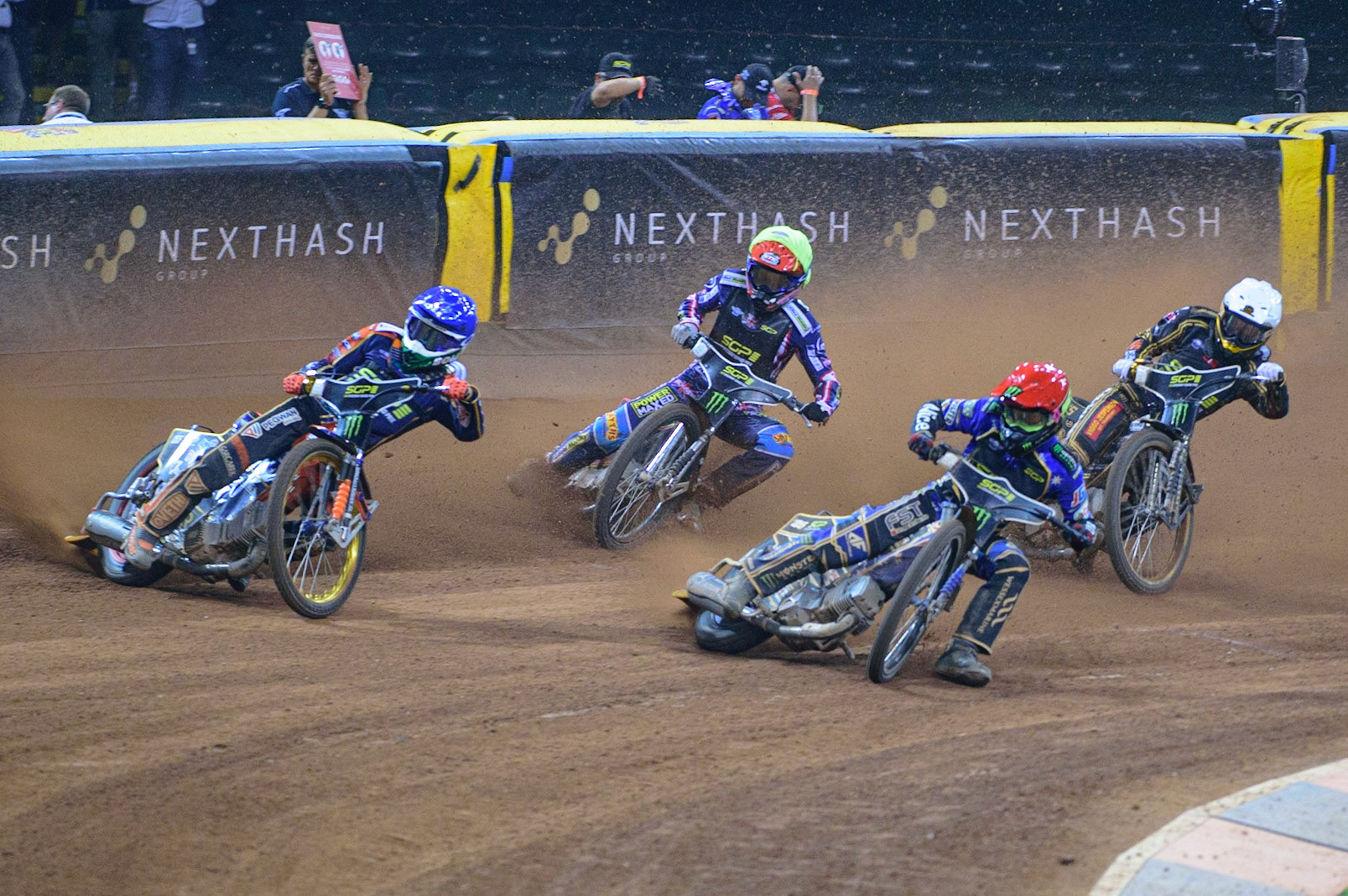 Jack Holder (25) (Red) inside Mikkel Michelsen (155) (Blue) with Anders Thomsen (105) (White) and Leon Flat (18) (Yellow) behind during the FIM  Speedway Grand Prix of Great Britain at the Principality Stadium, Cardiff on Saturday 13th August 2022. (Credit: Ian Charles | MI News