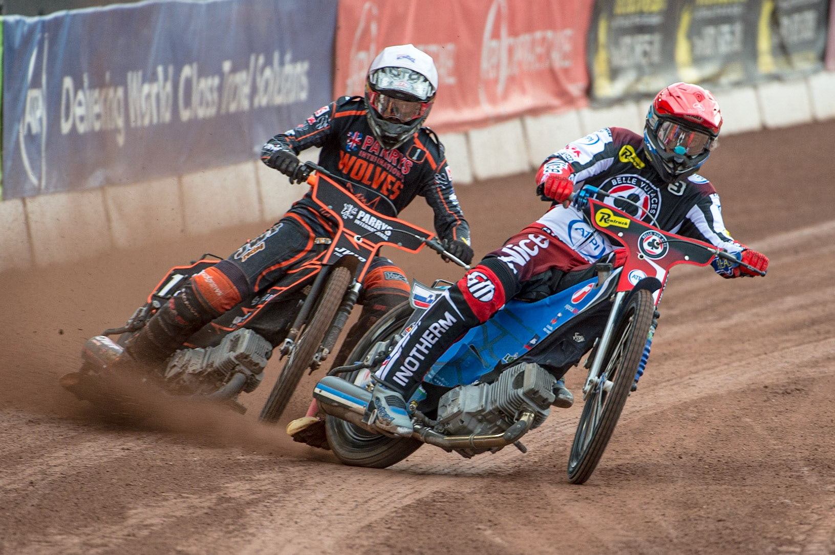 MANCHESTER, UK. JUN 13TH  Matej Zagar  (Red) leads Sam Masters  (White) during the SGB Premiership match between Belle Vue Aces and Wolverhampton  Wolves at the National Speedway Stadium, Manchester on Monday 13th June 2022. (Credit: Ian Charles | MI News)