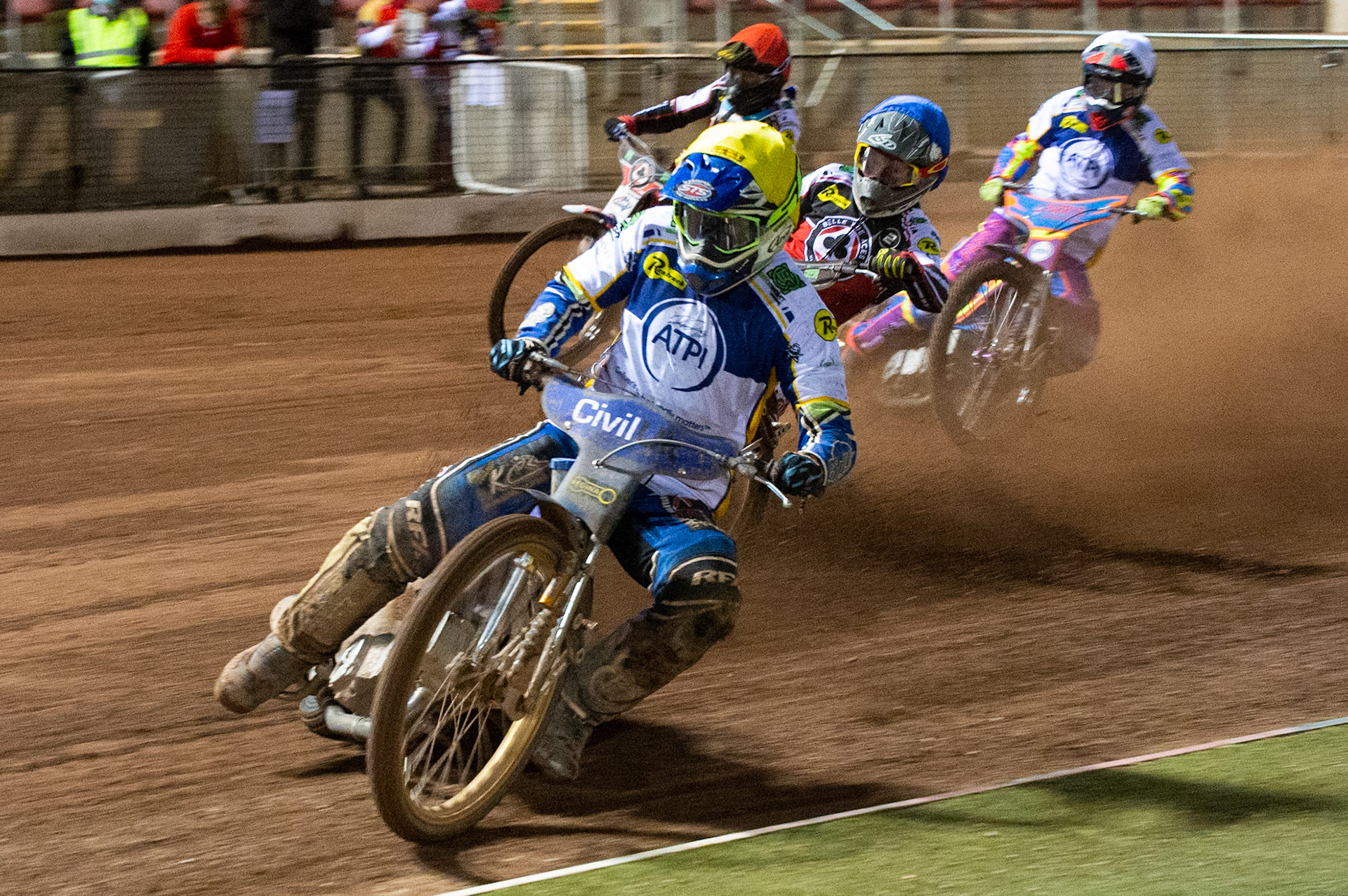 Photo: Ian CharlesRichie Worrall of the 'ATPI' All Stars  (Yellow) leads Jye Etheridge of Belle Vue 'BikeRight' Aces  (Blue), Rory Schlein of the 'ATPI' All Stars (White) and Brady Kurtz of Belle Vue 'BikeRight' Aces (Red)Belle Vue ‘Bikerite ’Aces v ‘ATPI’ All Stars, Premiership Challenge, National Speedway Stadium, Manchester Thursday  24  September  2020