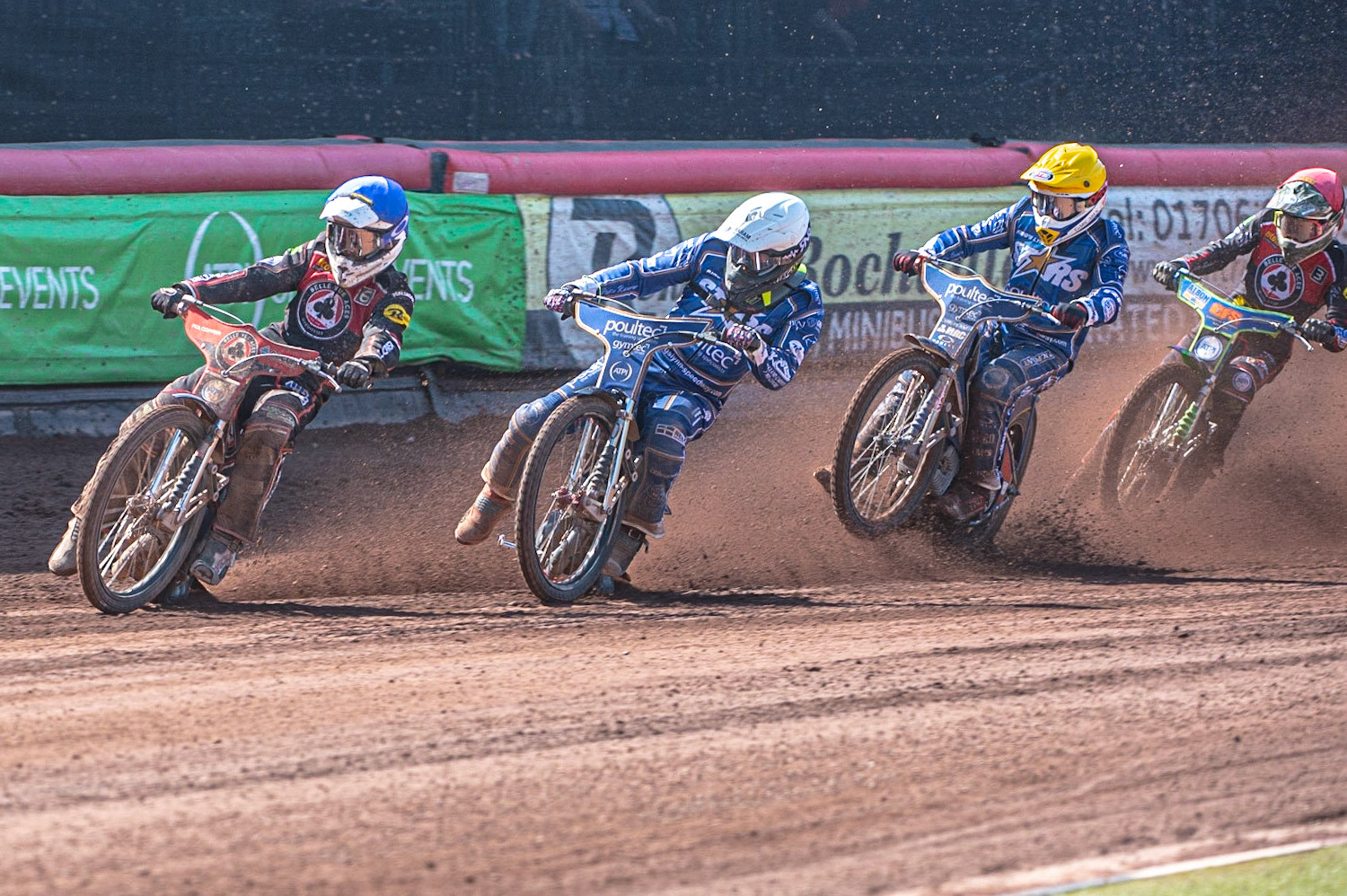 Photo: Ian Charles

Jaimon Lidsey  (Blue) leads Craig Cook  (White) Robert Lambert  (Yellow) and Dan Bewley  (Red)

Belle Vue Aces v Kings Lynn Stars, British Speedway Premiership, Belle Vue National Speedway Stadium, Manchester, Monday 26  August  2019