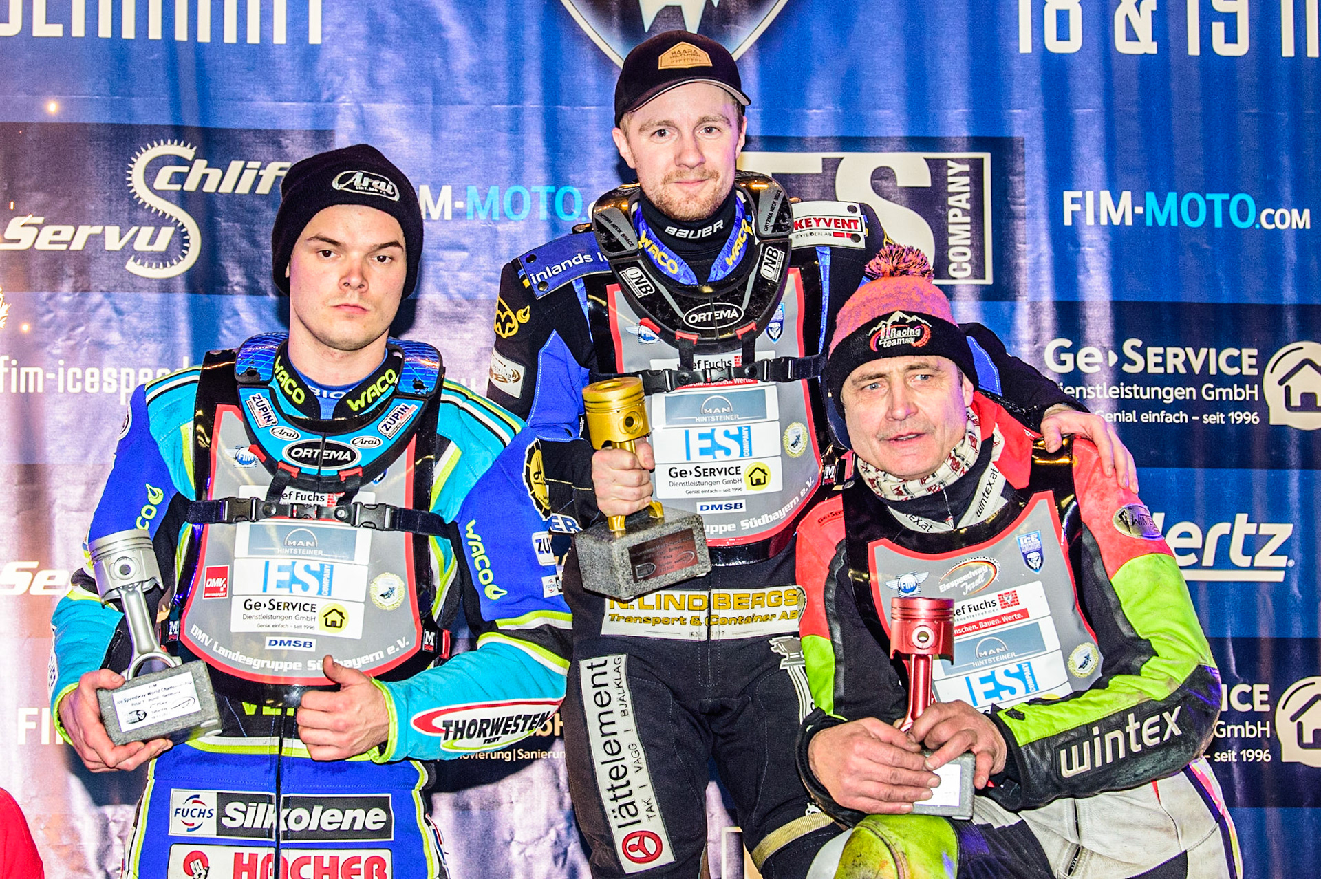 Top 3 in Final 1: (left to right) Luca Bauer (2nd), Martin Haarahiltunen (Winner), Harald Simon (3rd) during the Ice Speedway Gladiators World Championship Final 1 at Max-Aicher-Arena, Inzell, Germany on Saturday 18th March 2023. (Photo: Ian Charles | MI News)
