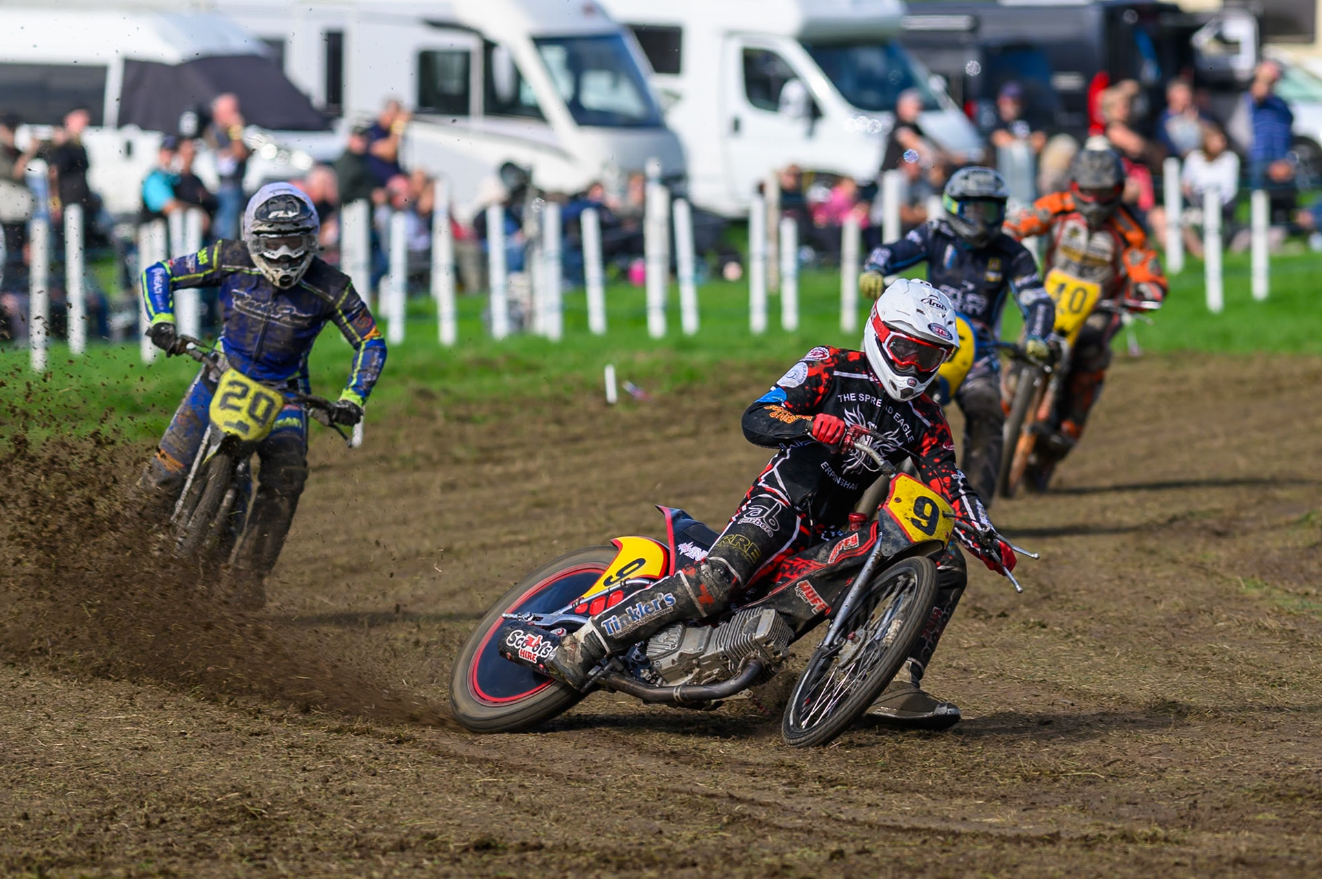 British Masters (Solos): Dylan Huthwaite (9) leading Arran Butcher (20), Ryan Ashcroft (45)  and Jake Breeze (40) during the British Masters Grasstrack Championship at Lower Marsh Farm, Much Hoole, Preston in Lancashire, England on Sunday 13th September 2026. (Photo: Ian Charles | MI News)