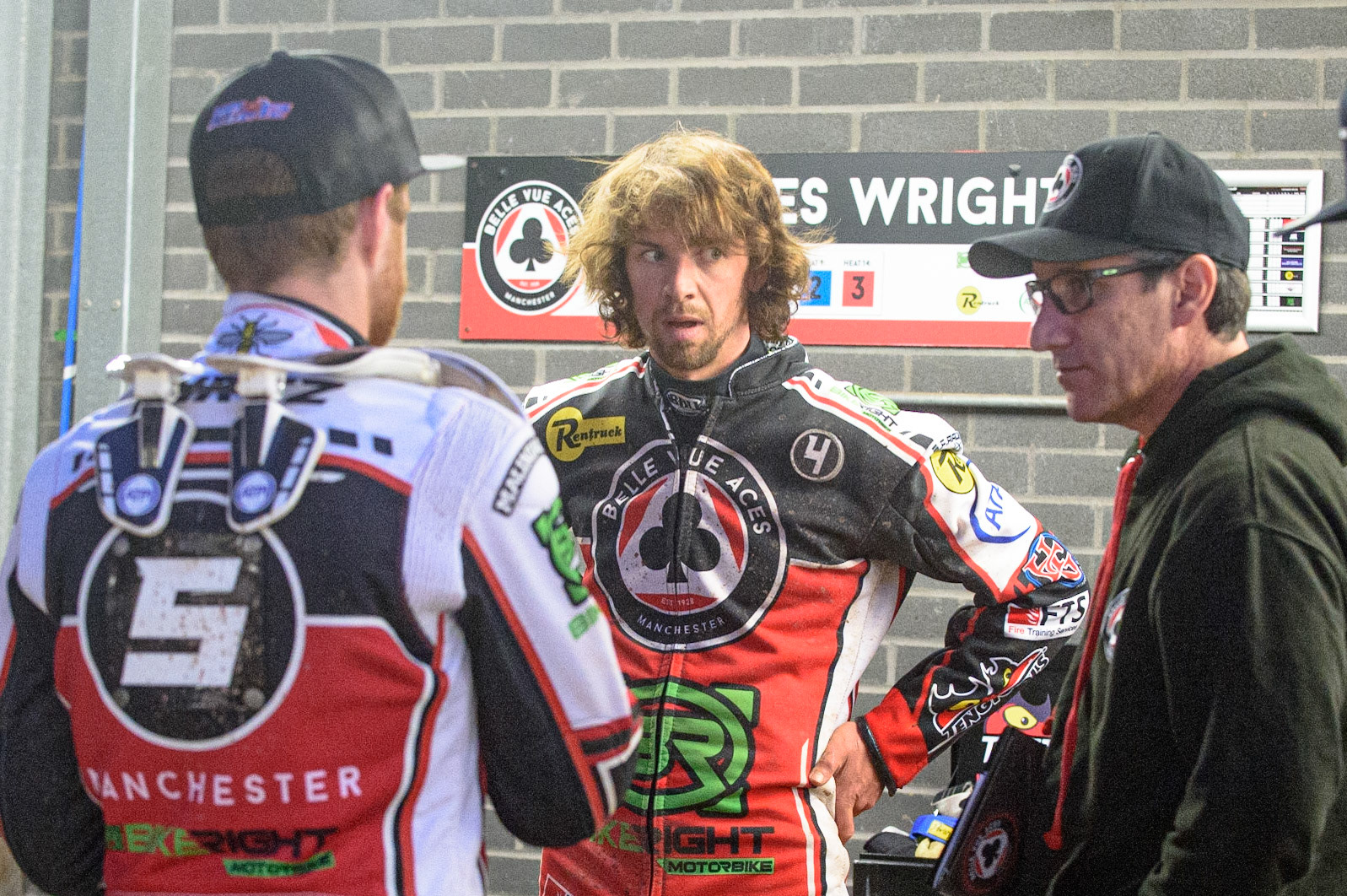 MANCHESTER, UK. AUG 9TH  Mark Lemon  (right) with Brady Kurtz (left) and Charles Wright  during the SGB Premiership match between Belle Vue Aces and Peterborough at the National Speedway Stadium, Manchester on Monday 9th August 2021. (Credit: Ian Charles | MI News)