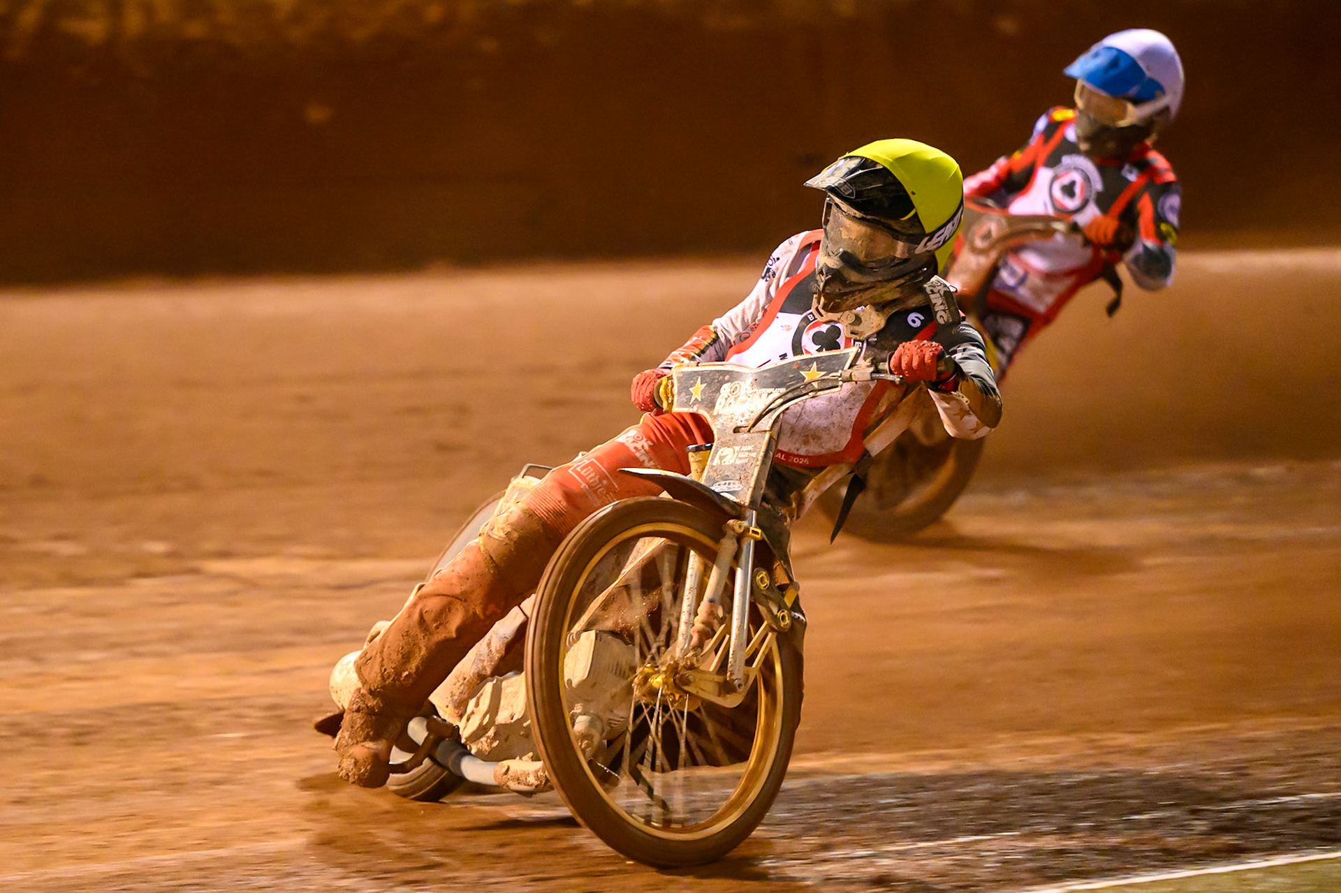 Norick Blodorn  in Yellow leading Reserve Rider Will Cairns in White during the Peter Craven Memorial Trophy at the National Speedway Stadium, Manchester, on Monday 16th March 2026. (Photo: Ian Charles | MI News)