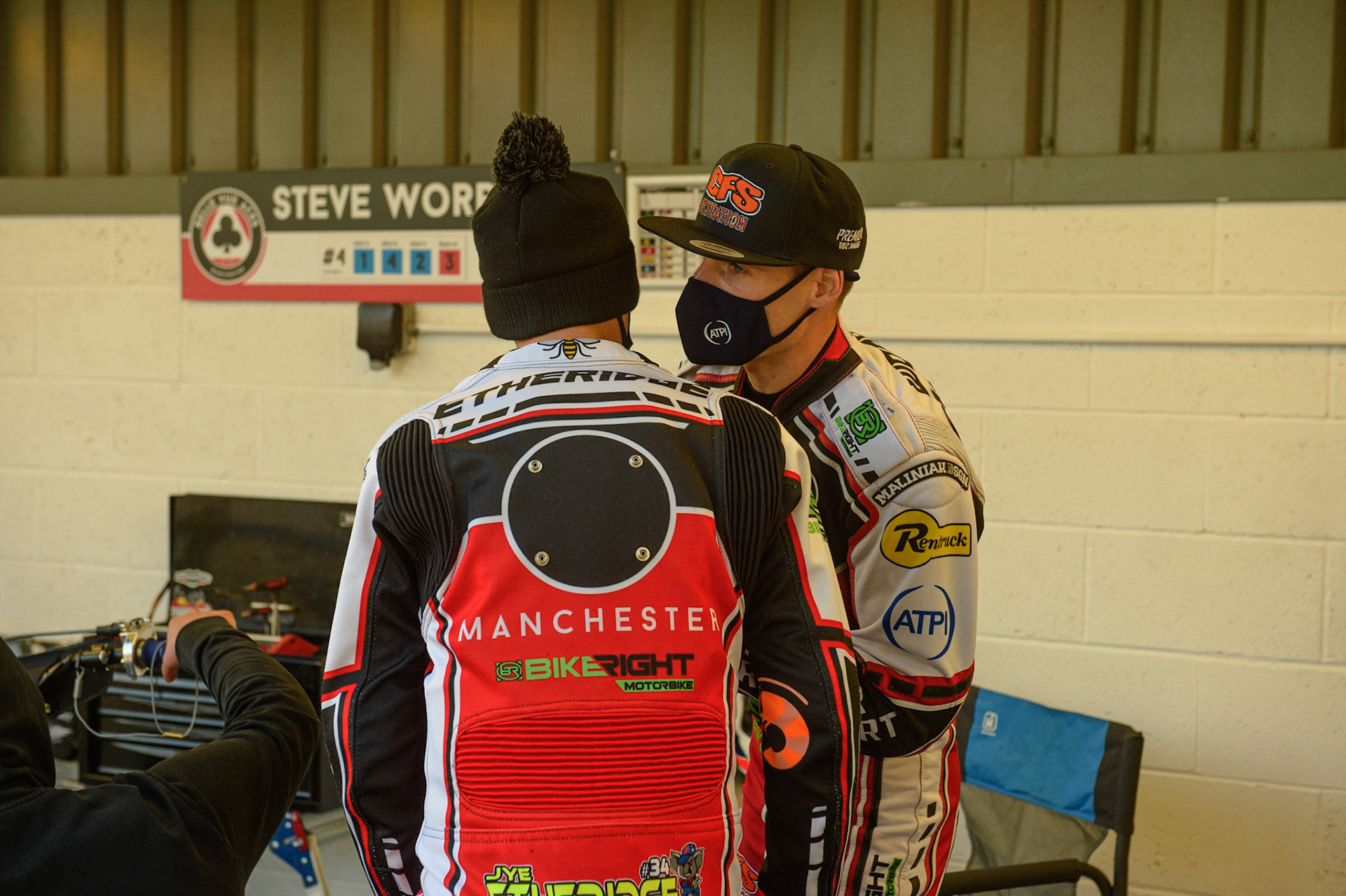 Photo: Ian CharlesSteve Worrall  (right) chats with Jye Etheridge Belle Vue Aces v Sheffield Tigers, British Speedway Premier League, National Speedway Stadium, Manchester Monday  17  May  2021