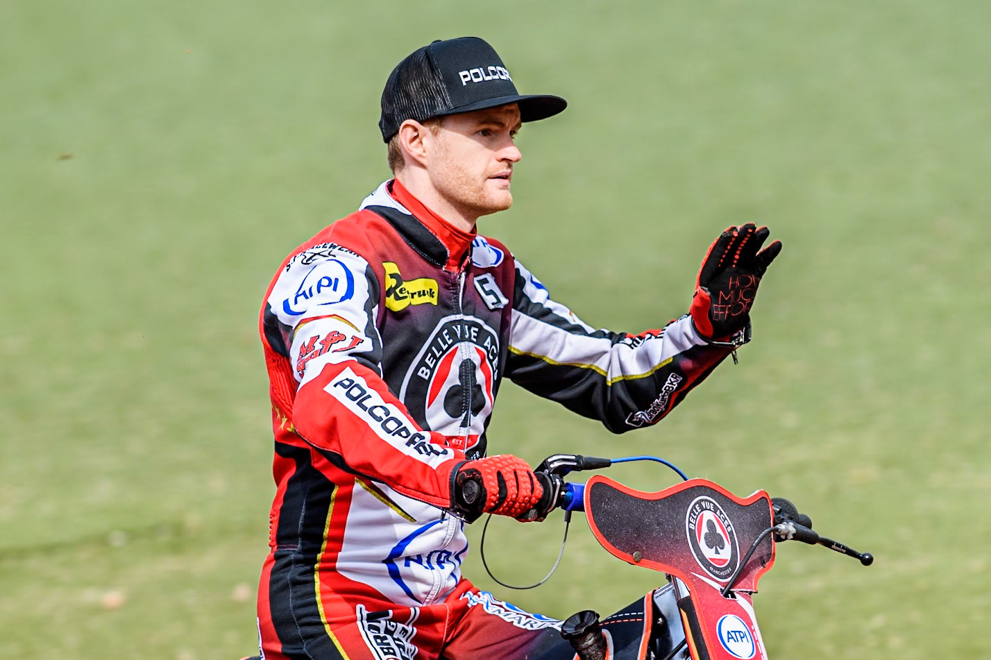 Belle Vue Aces' Brady Kurtz on the parade lap during the Rowe Motor Oil Premiership match between Belle Vue Aces and Sheffield Tigers at the National Speedway Stadium, Manchester on Monday 26th August 2024. (Photo: Ian Charles | MI News)