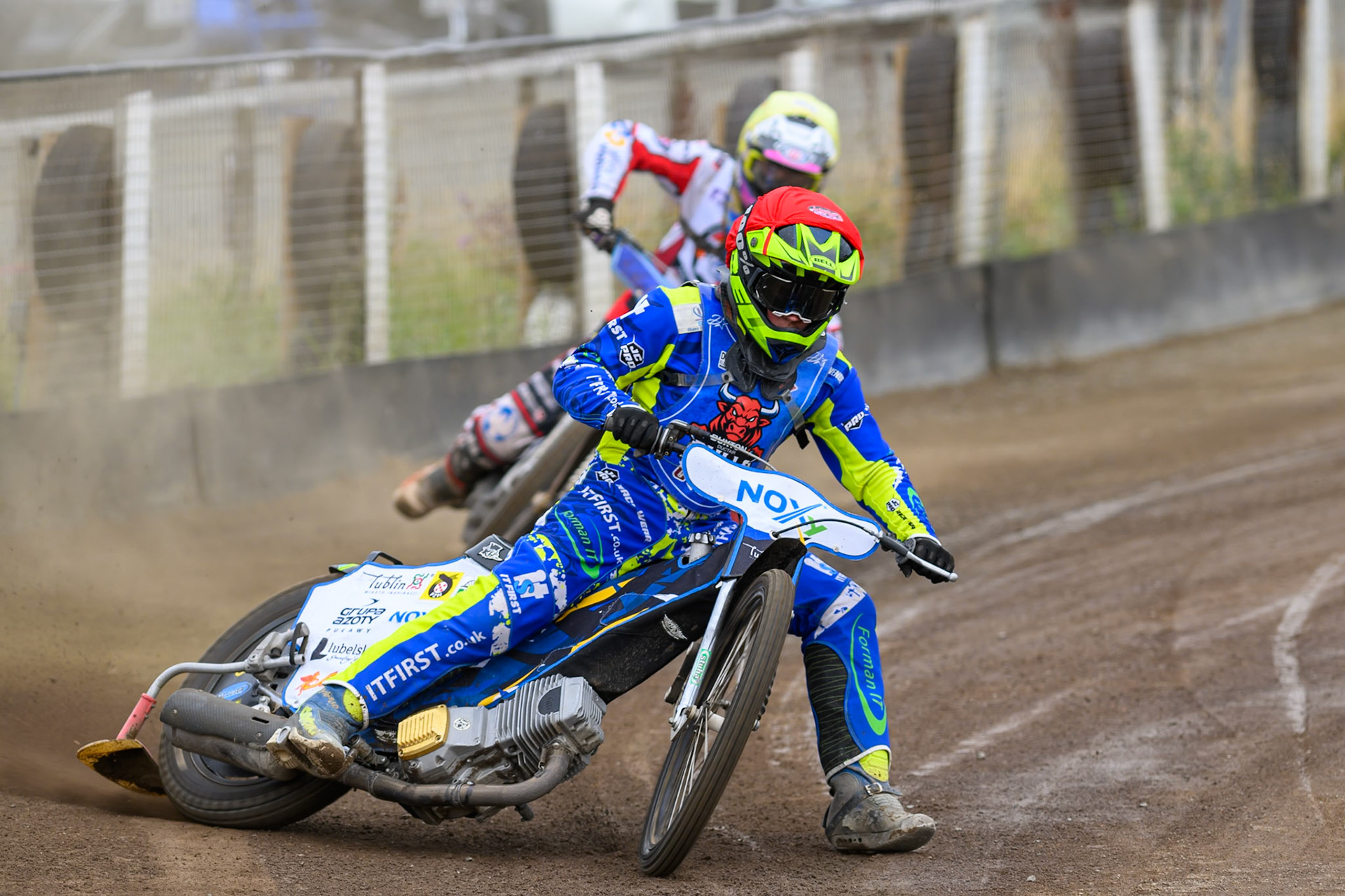 Will Boraston of Buxton Bulls in Red leading Stene Pijper of Middlesborough Tigers in Yellow during the WSRA National Development League match  between Buxton Bulls and Middlesborough Tigers at Hi-Edge Speedway, Buxton on Sunday 16th August 2026. (Photo: Ian Charles | MI News)