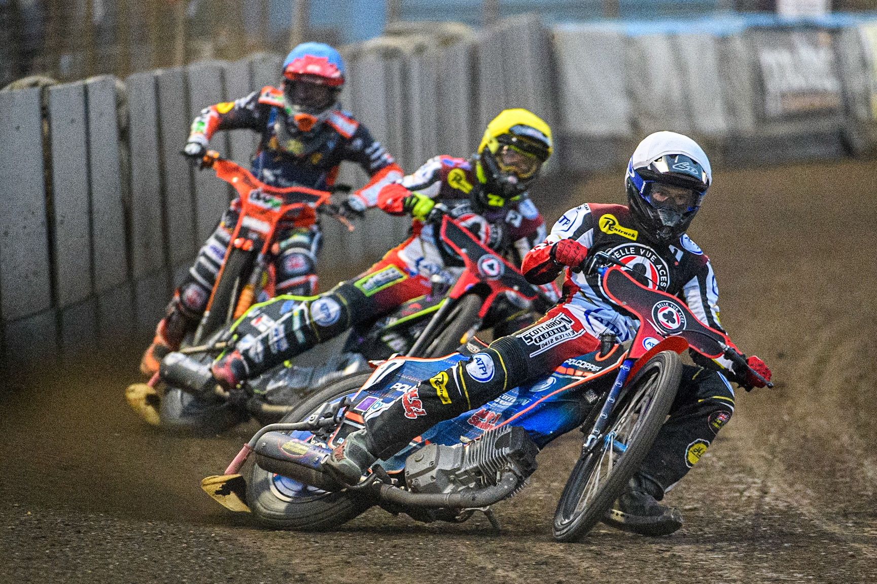 Brady Kurtz  (White) leads Tom Brennan (Yellow) and Jordan Jenkins (Blue) during the Sports Insure Premiership match between King's Lynn Stars and Belle Vue Aces at the Adrian Flux Arena, King's Lynn on Thursday 24th August 2023. (Photo: Ian Charles | MI News)