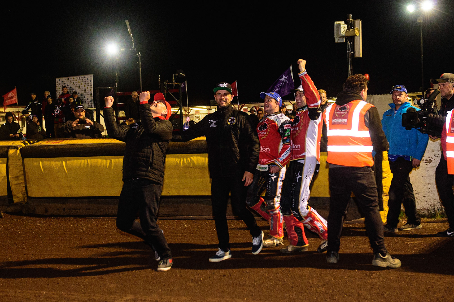 PETERBOROUGH, UK. OCT 14TH Rob Lyon  leads the celebrations as the Panthers win the meeting during the SGB Premiership Grand Final 2nd leg between Peterborough and Belle Vue Aces at East of England Showground, Peterborough on Thursday 14th October 2021. (Credit: Ian Charles | MI News)