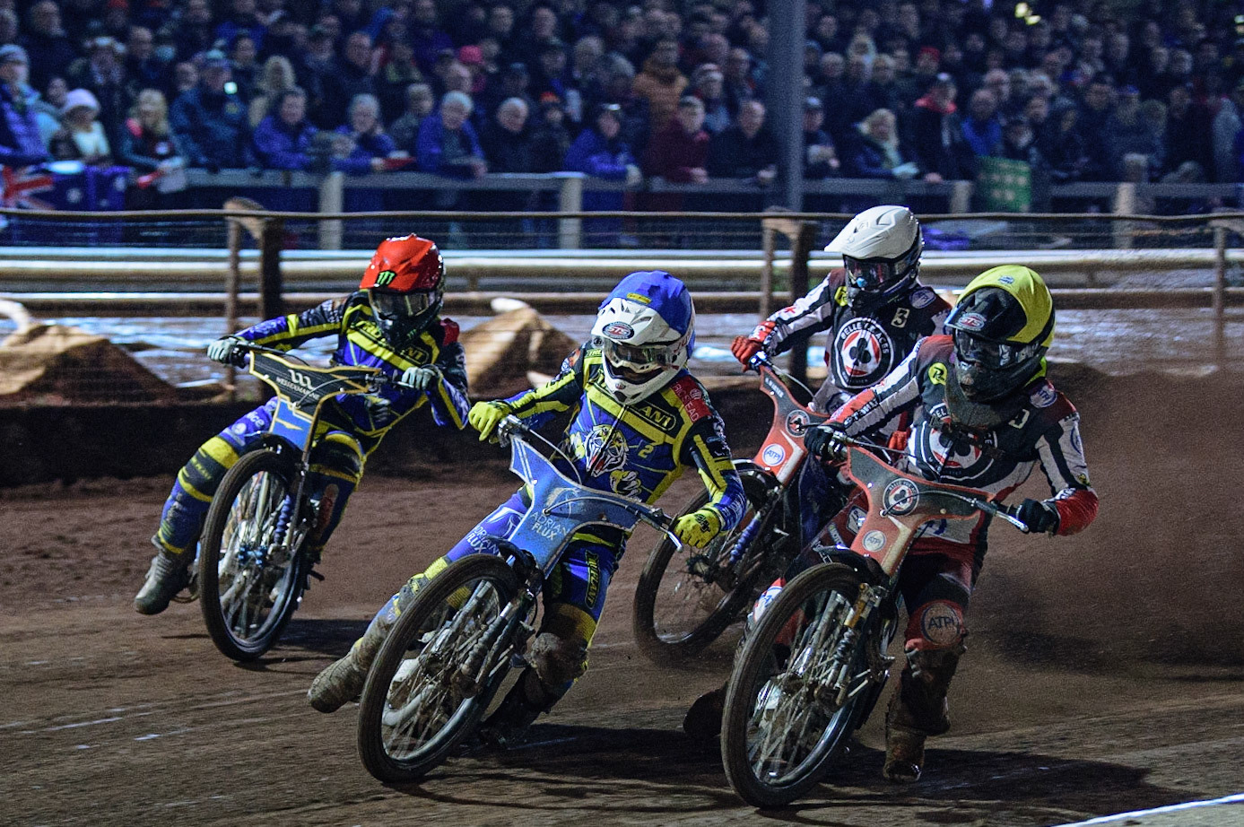 Lewis Kerr  (Blue) leads Tom Brennan   (Yellow), Jack Holder  (Red) and Matej Zagar  (White) during the SGB Premiership Grand Final 2nd Leg between Sheffield Tigers and Belle Vue Aces at Owlerton Stadium, Sheffield on Thursday 13th October 2022. (Credit: Ian Charles | MI News)