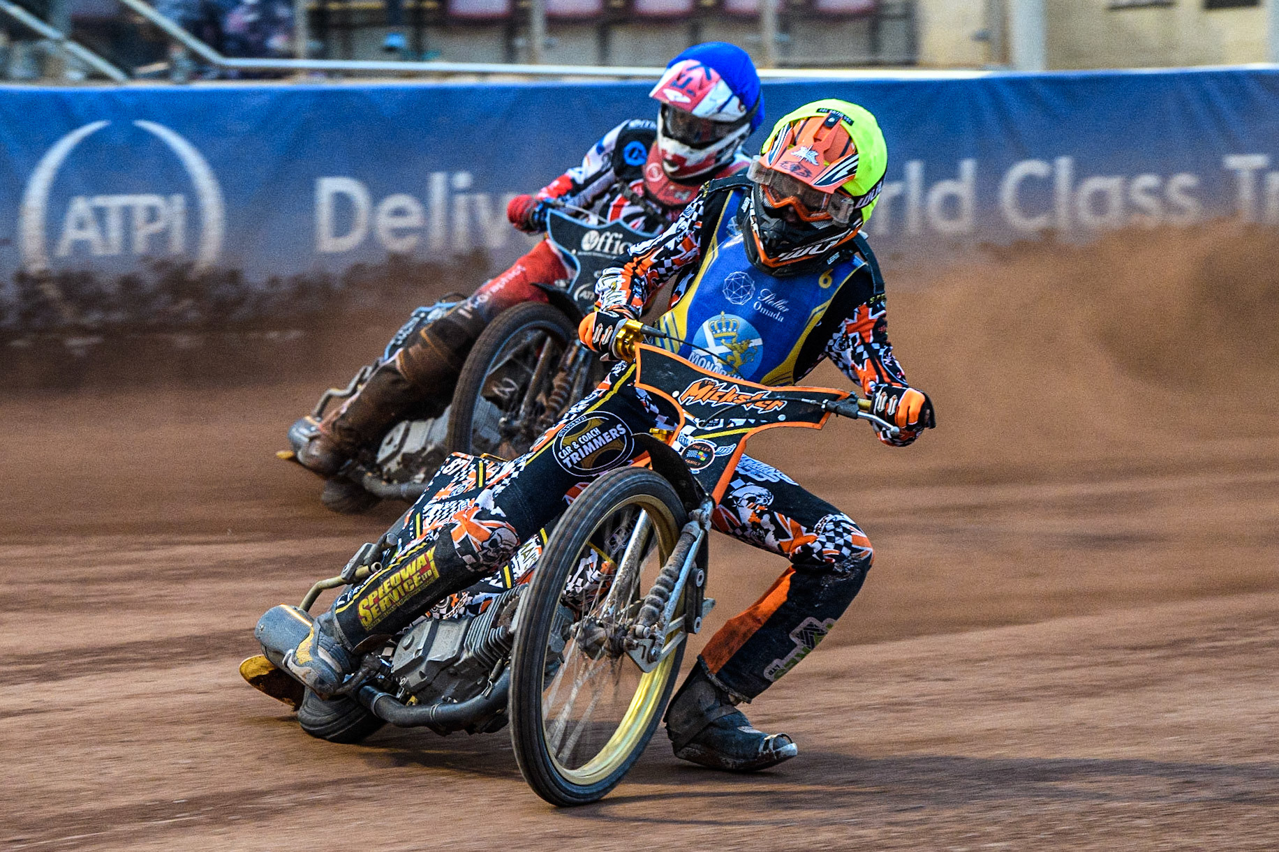 Mickie Simpson (Yellow) leads Freddy Hodder (Blue) during the National Development League match between Belle Vue Colts and Edinburgh Monarchs Academy at the National Speedway Stadium, Manchester on Friday 21st July 2023. (Photo: Ian Charles | MI News)