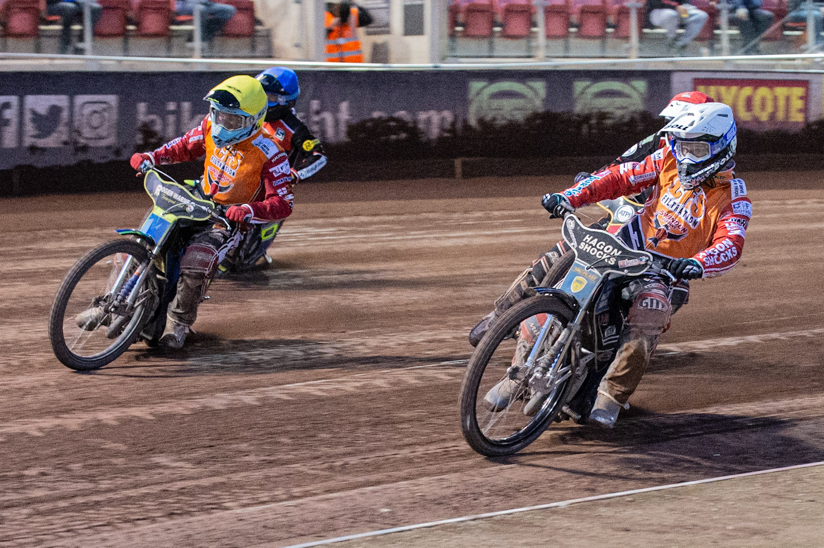Photo by Ian Charles

Heat 13: Jason Doyle  (White) and Troy Batchelor (Yellow) lead Max Fricke  (Red) and Kenneth Bjerre  (Blue)


Belle Vue Aces v Swindon Robins, British Speedway Premiership, Belle Vue National Speedway Stadium, Manchester, Monday 12  August  2019