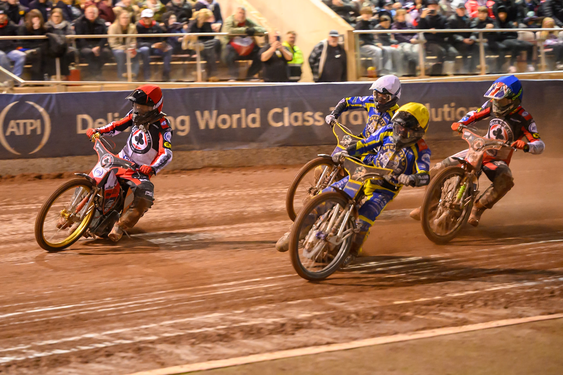 Luke Killeen of Sheffield Tigers in Yellow on the inside of Norick Blodorn of Belle Vue Aces in Red  with Anders Rowe of Sheffield Tigers in White  and Will Cairns of Belle Vue Aces in Blue  behind during the Rowe Motor Oil Premiership Grand Final 2nd Leg between Belle Vue Aces and Sheffield Tigers at the National Speedway Stadium, Manchester on Friday 16th October 2026. (Photo: Ian Charles | MI News)