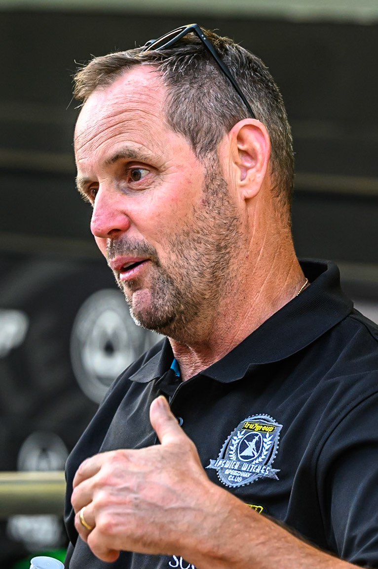 Ipswich Witches' Team Manager Chris Louis during the Rowe Motor Oil Premiership match between Belle Vue Aces and Ipswich Witches at the National Speedway Stadium, Manchester on Monday 30th June 2025. (Photo: Ian Charles | MI News)