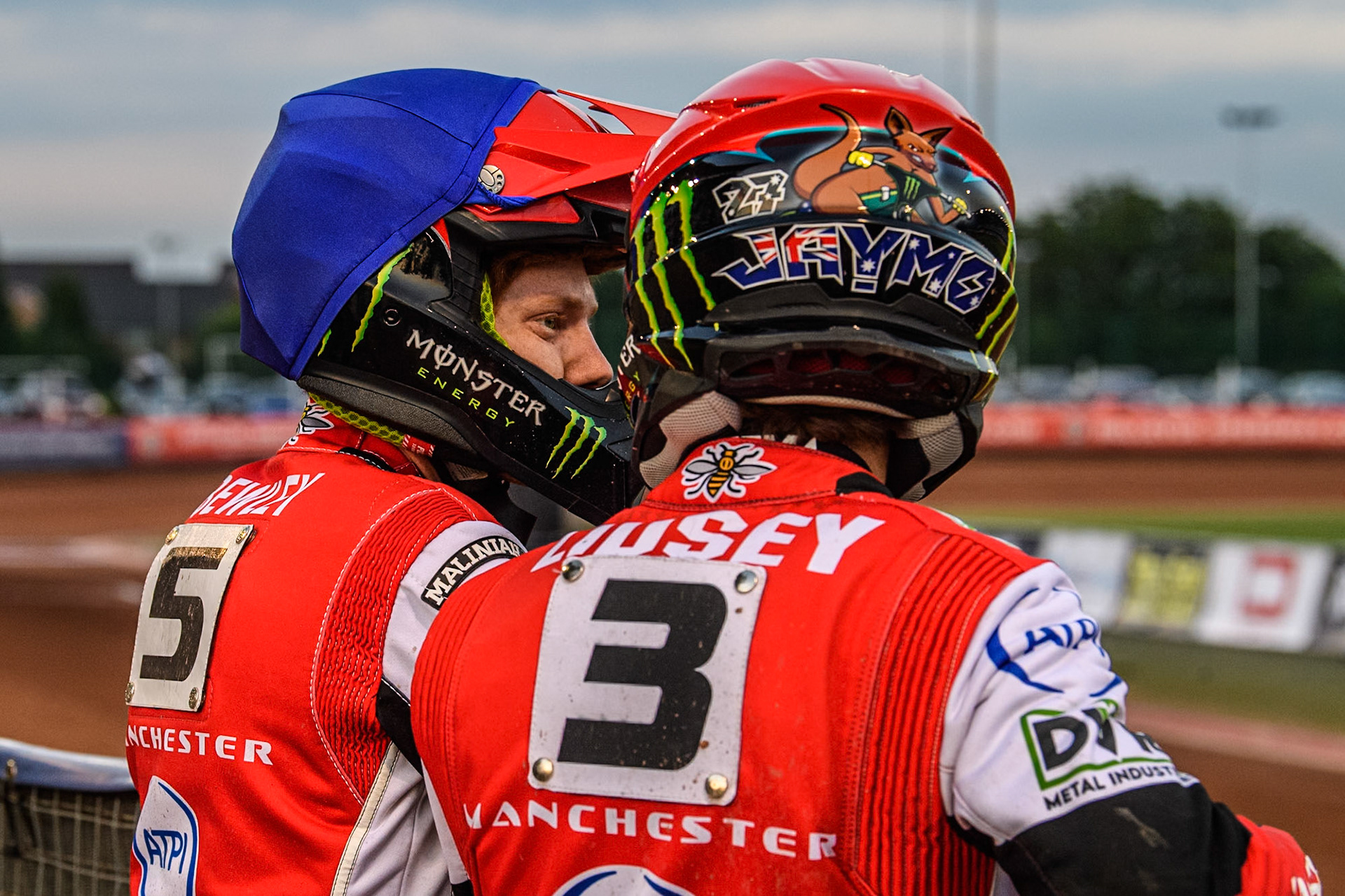 Belle Vue Aces' Dan Bewley (Left) chats with Belle Vue Aces' Jaimon Lidsey during the Rowe Motor Oil Premiership match between Belle Vue Aces and Leicester Lions at the National Speedway Stadium, Manchester on Monday 24th June 2024. (Photo: Ian Charles | MI News)