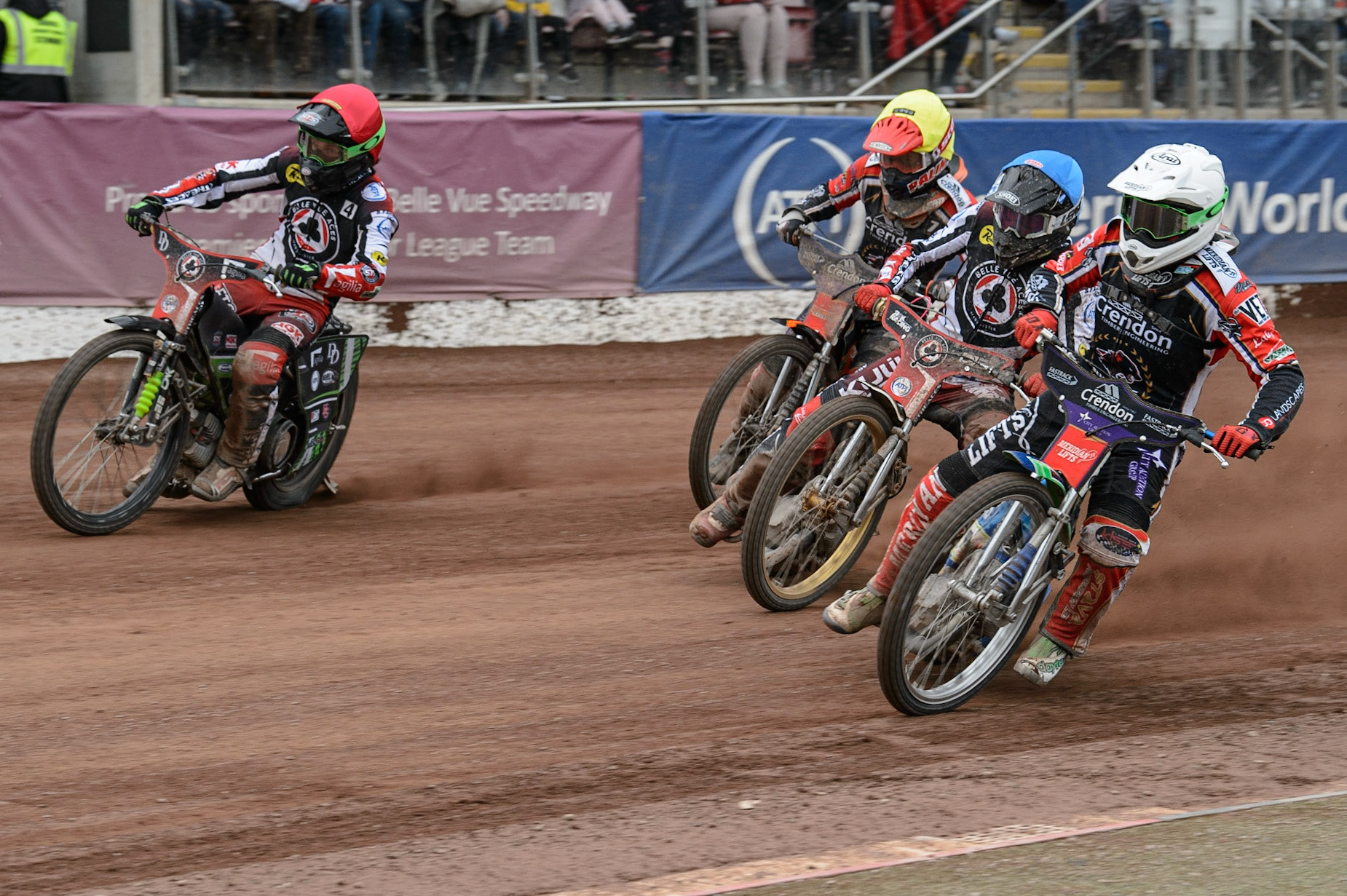 MANCHESTER, UK. MAY 2ND  Hans Andersen   (White) inside Norick Blödorn  (Blue) Jordan Palin  (Yellow) and Charles Wright  (Red) during the SGB Premiership match between Belle Vue Aces and Peterborough at the National Speedway Stadium, Manchester on Monday 2nd May 2022. (Credit: Ian Charles | MI News)