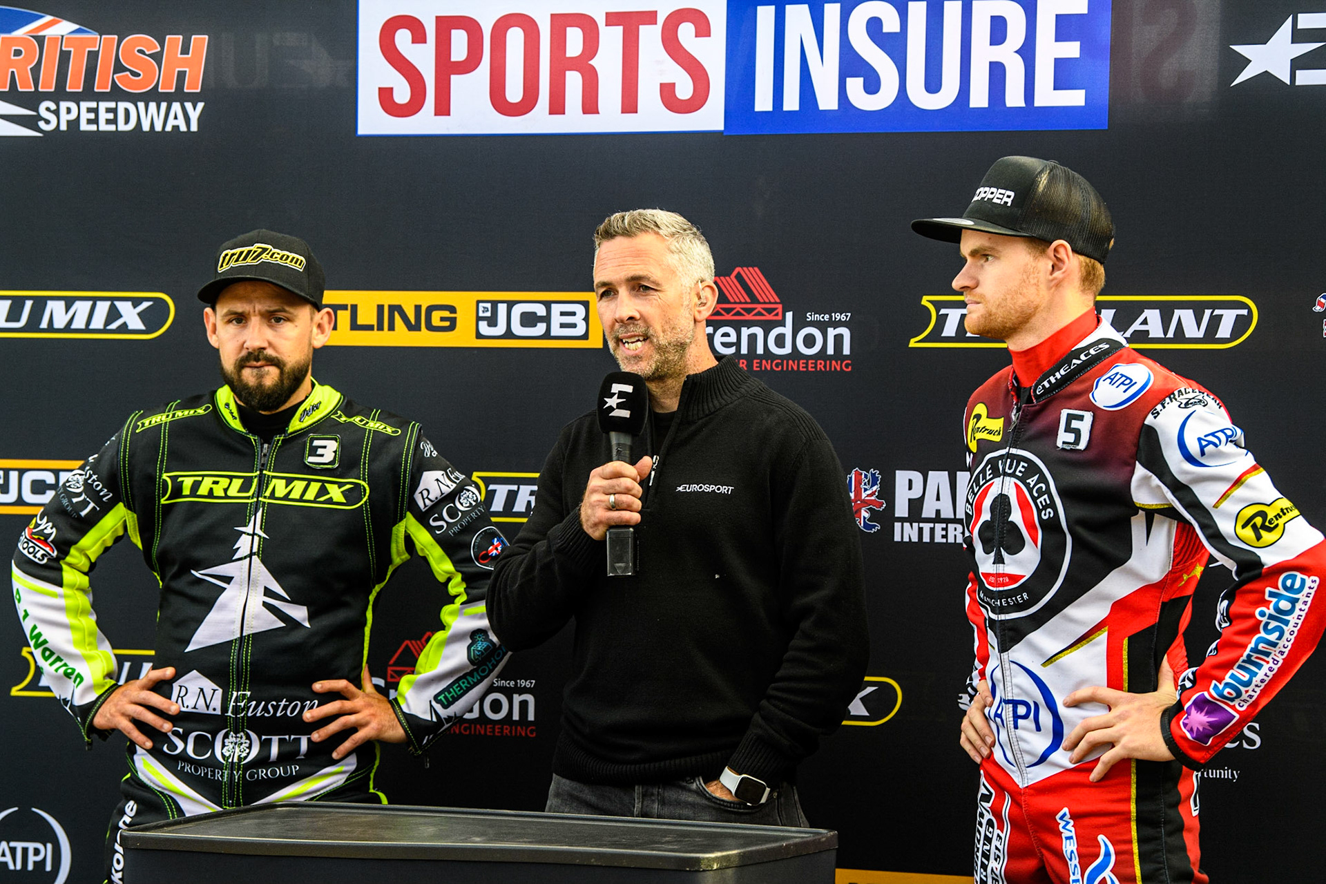 (l - r) Danny King, Eurosport Presenter Scott Nicholls and Brady Kurtz as they do the coin toss for the TV during the Sports Insure Premiership match between Belle Vue Aces and Ipswich Witches at the National Speedway Stadium, Manchester on Monday 17th July 2023. (Photo: Ian Charles | MI News)