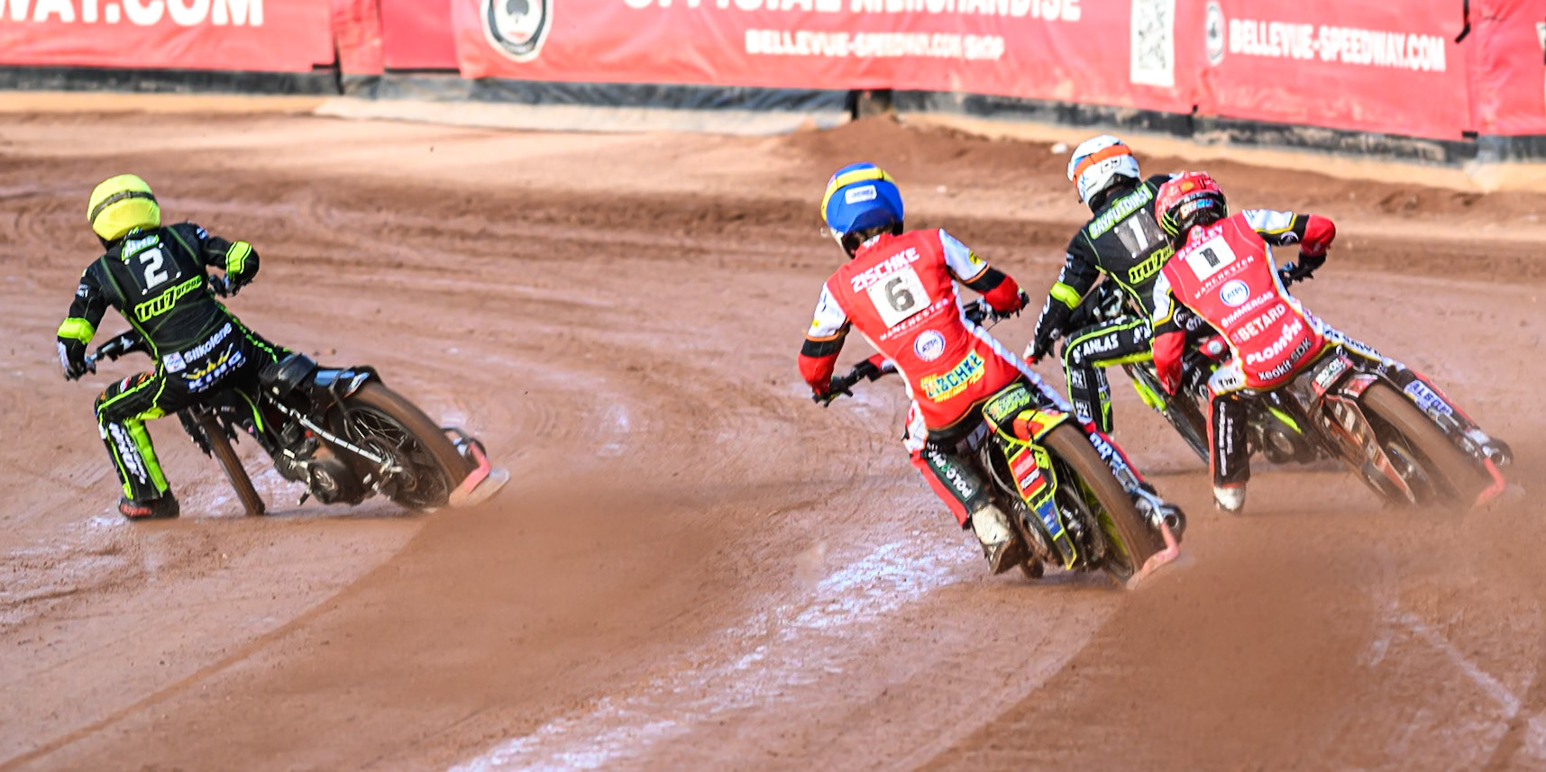 Belle Vue Aces' Tate Zischke  in Blue chases Belle Vue Aces' Dan Bewley  in Red, Ipswich Witches' Emil Saifutdinov  in White and Ipswich Witches' Danny King in Yellow during the Rowe Motor Oil Premiership match between Belle Vue Aces and Ipswich Witches at the National Speedway Stadium, Manchester on Monday 30th June 2025. (Photo: Ian Charles | MI News)
