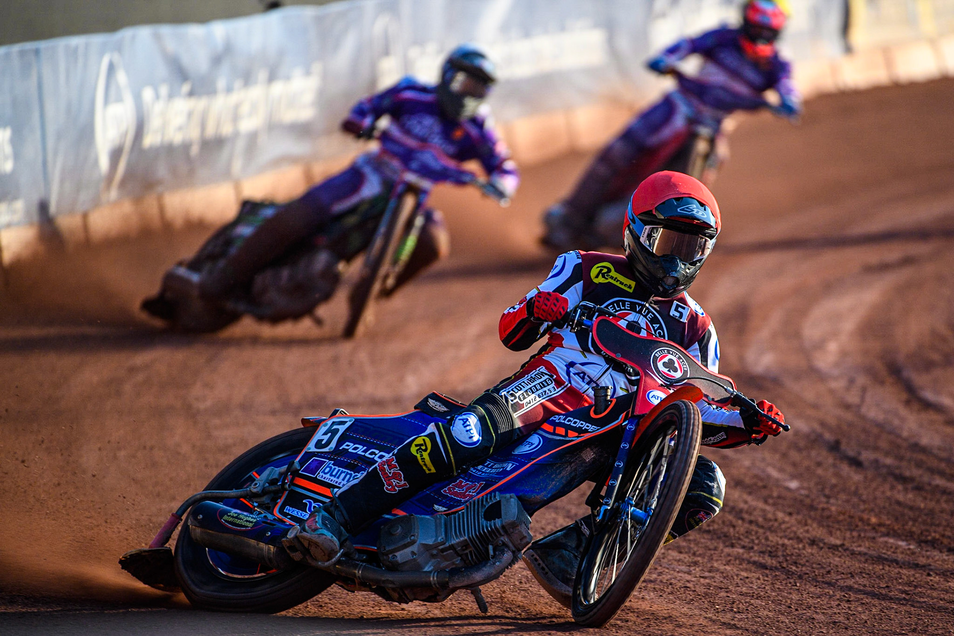 Brady Kurtz (Red) leads Benjamin Basso (White) and Richie Worrall (Yellow) during the Sports Insure Premiership match between Belle Vue Aces and Peterborough at the National Speedway Stadium, Manchester on Monday 19th June 2023. (Photo: Ian Charles | MI News)