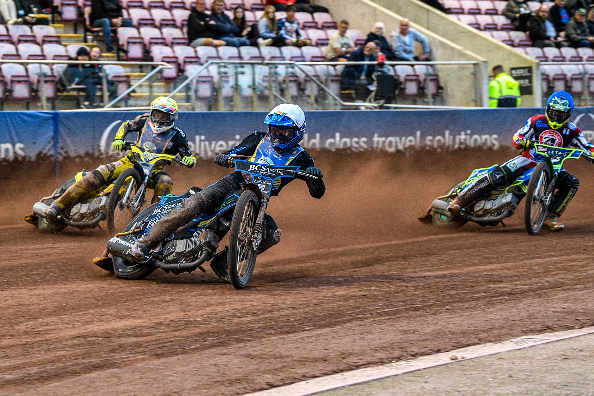 Ashton Boughen (White) and Dayle Wood (Yellow) lead Luke Muff (Blue) during the National Development League match between Belle Vue Colts and Edinburgh Monarchs Academy at the National Speedway Stadium, Manchester on Friday 21st July 2023. (Photo: Ian Charles | MI News)
