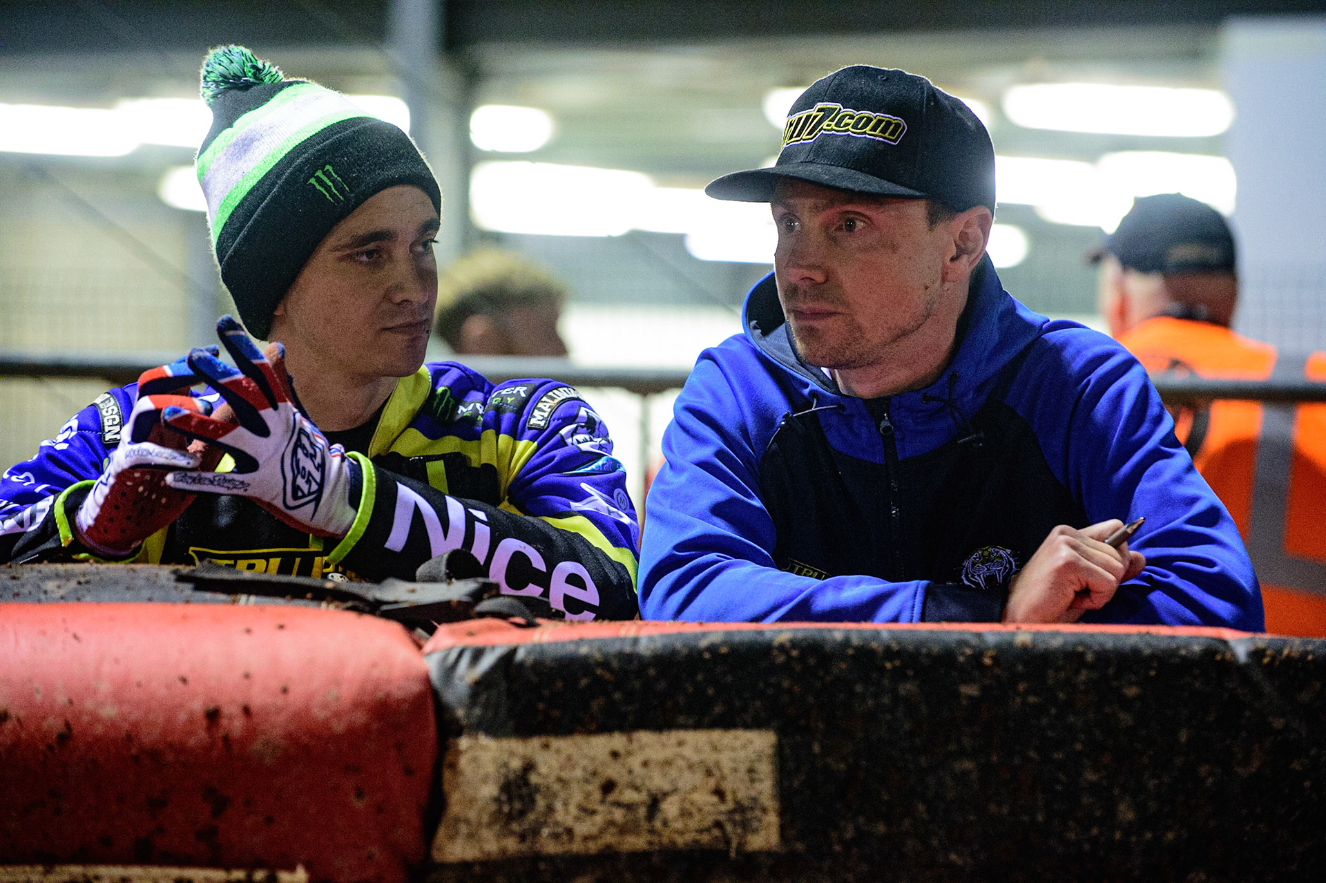 MANCHESTER, UK. OCT 7TH  Jack Holder (left) with Simon Stead   during the SGB Premiership Play off Semi-Final Second Leg between Belle Vue Aces and Sheffield Tigers at the National Speedway Stadium, Manchester on Thursday 7th October 2021. (Credit: Ian Charles | MI News)