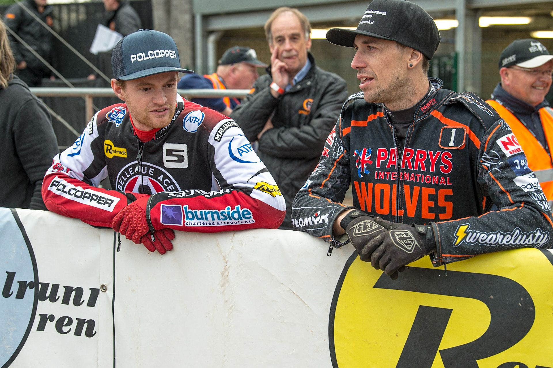 MANCHESTER, UK. JUN 13TH Brady Kurtz  (left) with Sam Masters  during the SGB Premiership match between Belle Vue Aces and Wolverhampton  Wolves at the National Speedway Stadium, Manchester on Monday 13th June 2022. (Credit: Ian Charles | MI News)