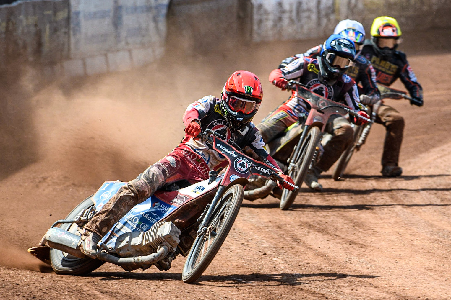 Dan Bewley (Red) leads Tom Brennan (Blue) Leon Flint (White) and Zach Cook (Yellow) during the Sports Insure Premiership match between Belle Vue Aces and Wolverhampton Wolves at the National Speedway Stadium, Manchester on Monday 29th May 2023. (Photo: Ian Charles | MI News)