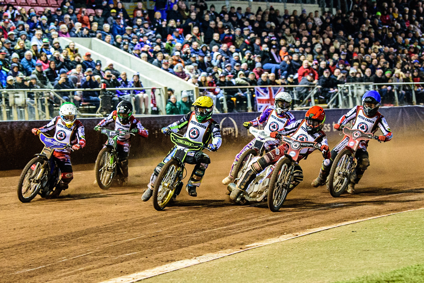 The Six Rider Final: Jason Doyle (Yellow), Dan Bewley  (Red), Robert Lambert  (Green), Charles Wright (Black/White), Niels-Kristian Iversen  (White) and Brady Kurtz  (Blue) during the Peter Craven Memorial Trophy  at the National Speedway Stadium, Manchester on Monday 3rd April 2023. (Photo: Ian Charles | MI News)