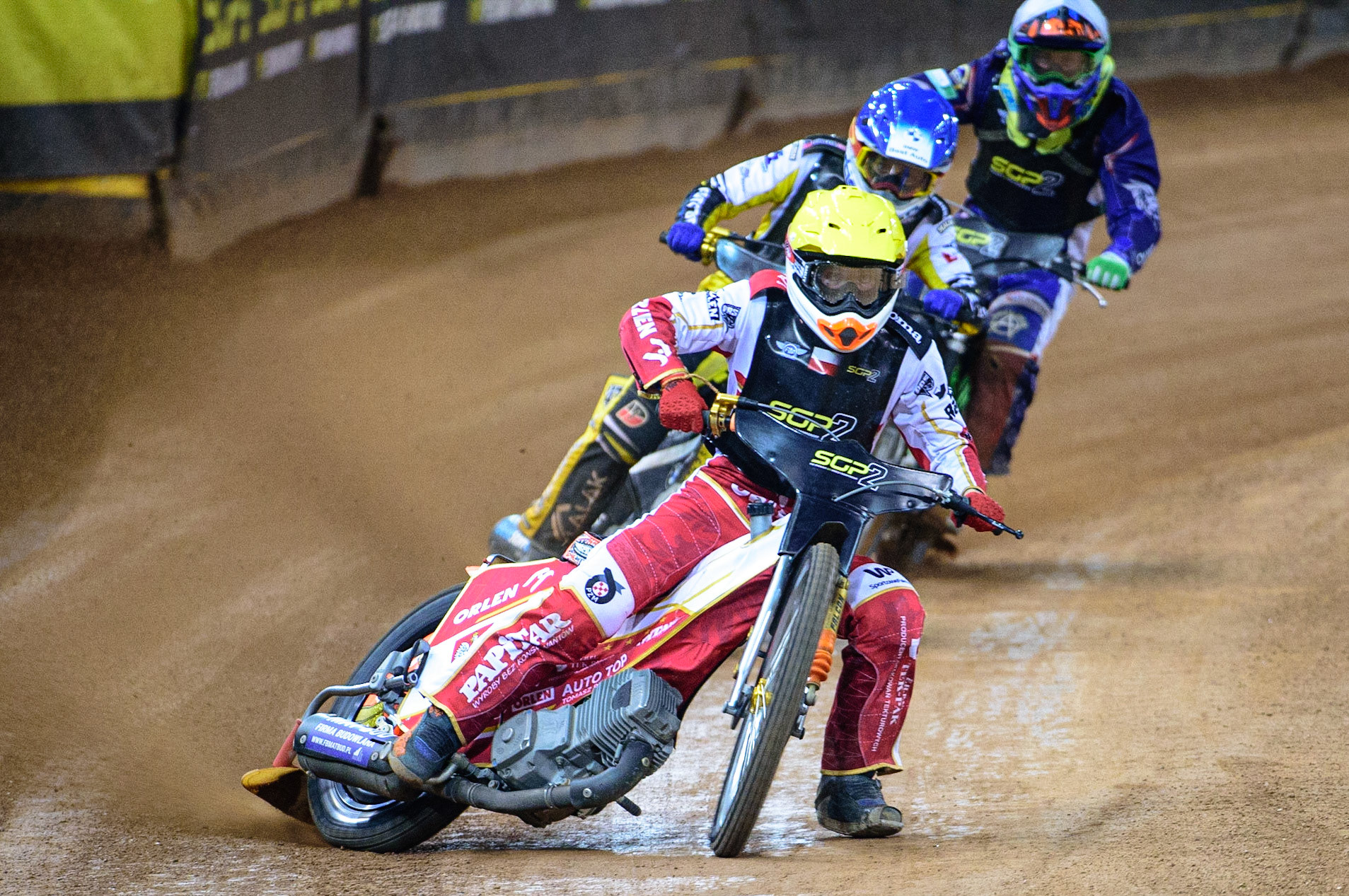 Mateusz Cierniak (Poland)  (Yellow) leads Wiktor Lampart (Poland) (Blue) and Daniel Klima (Czech Republic) (White) during the FIM  Speedway Grand Prix  2 of Great Britain at the Principality Stadium, Cardiff on Sunday 14th August 2022. (Credit: Ian Charles | MI News)