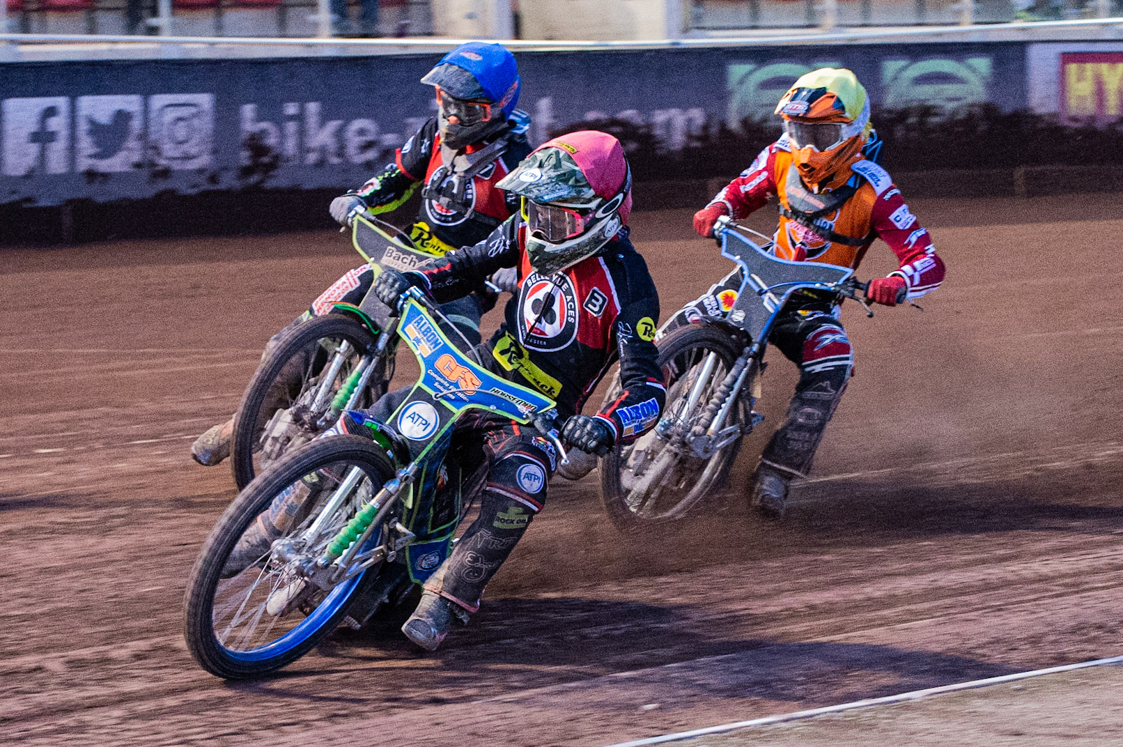 Photo by Ian Charles

Dan Bewley  (Red) leads Tobias Musielak  (White) and Nikolaj Busk Jakobsen (Blue)


Belle Vue Aces v Swindon Robins, British Speedway Premiership, Belle Vue National Speedway Stadium, Manchester, Monday 12  August  2019
